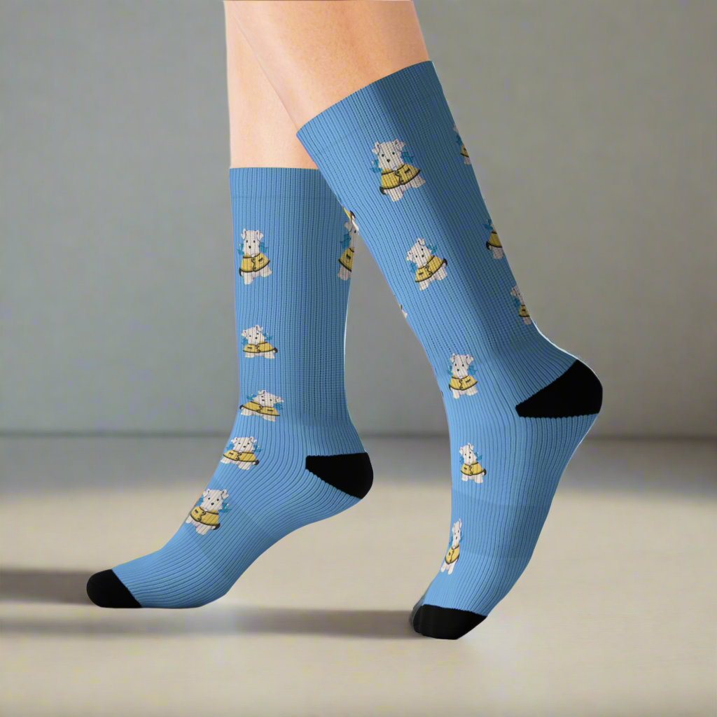 Vintage Bitsy Puppy Socks – Light Blue Retro Dog Print Crew Socks