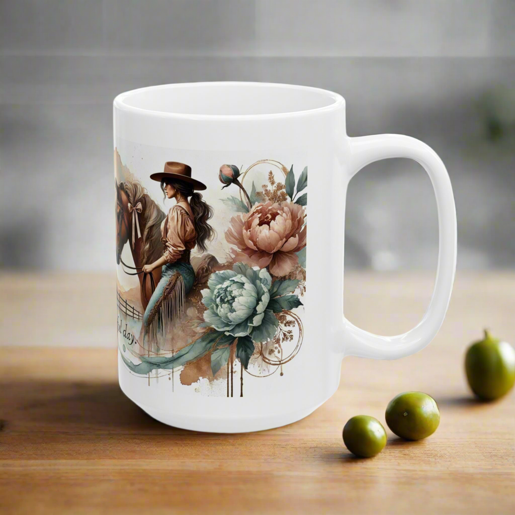 Personalized Western-Themed Coffee Mug | Floral Horsewoman Design | Saddle Up for a Beautiful Day | Custom Name | Available in 11 oz and 15 oz