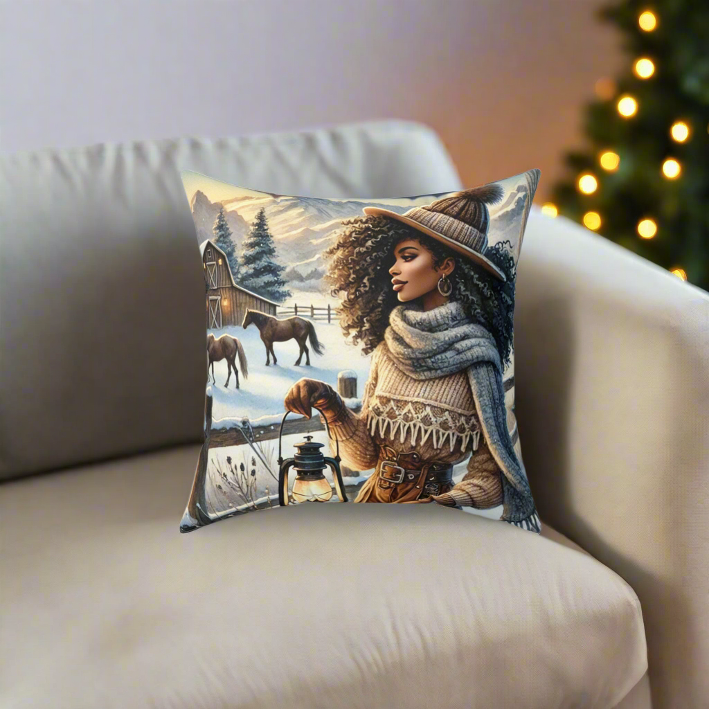 Winter Ranch Scene Throw Pillow, Cozy Home Decor with Plaid Accent Back | Perfect for Living Room or Bedroom