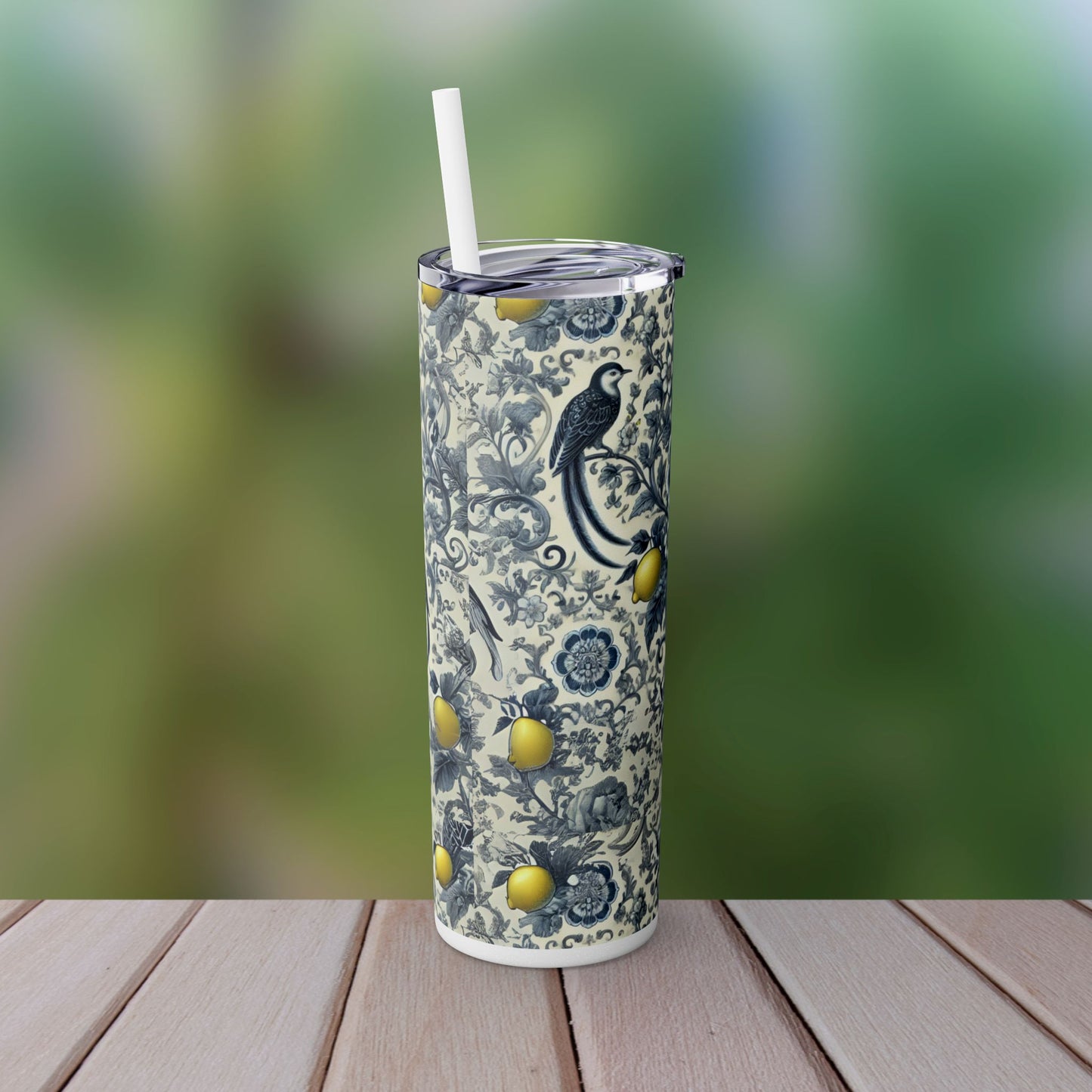 Blue Chinoiserie Lemon Tumbler | 20oz Insulated Travel Cup | Vintage Botanical Birds & Lemons | Includes Straw & Lid