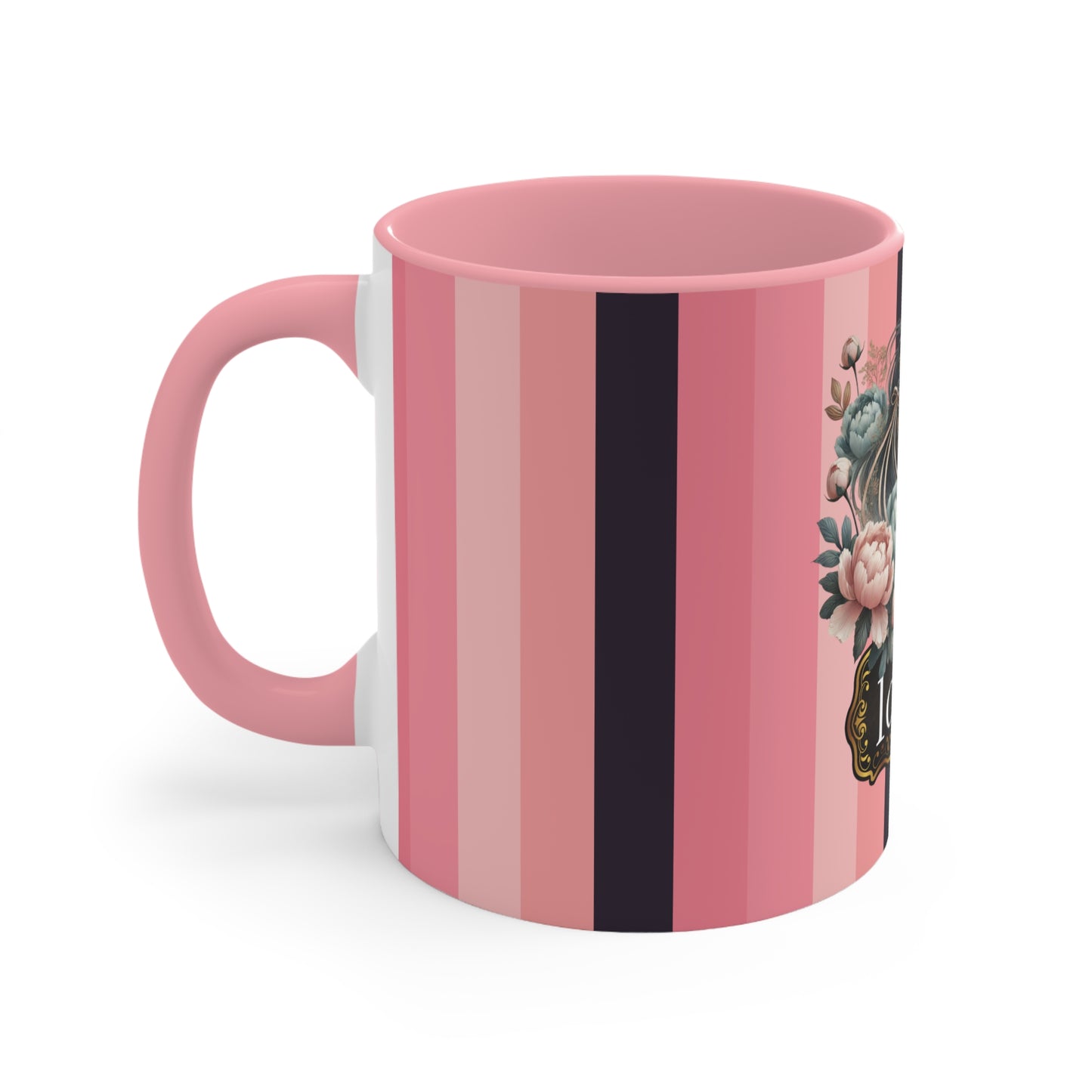 Romantic Horse and Floral Coffee Mug | Love Themed Pink and Black Striped Mug | Beautiful Equestrian Gift for Horse Lovers | 15oz Ceramic Cup