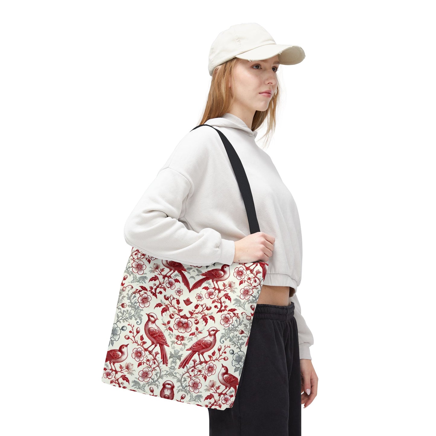 Red & Gray Chinoiserie Bird Tote Bag | Elegant Vintage Floral Baroque Tote | White or Black Handle Option | Reusable Fabric Bag