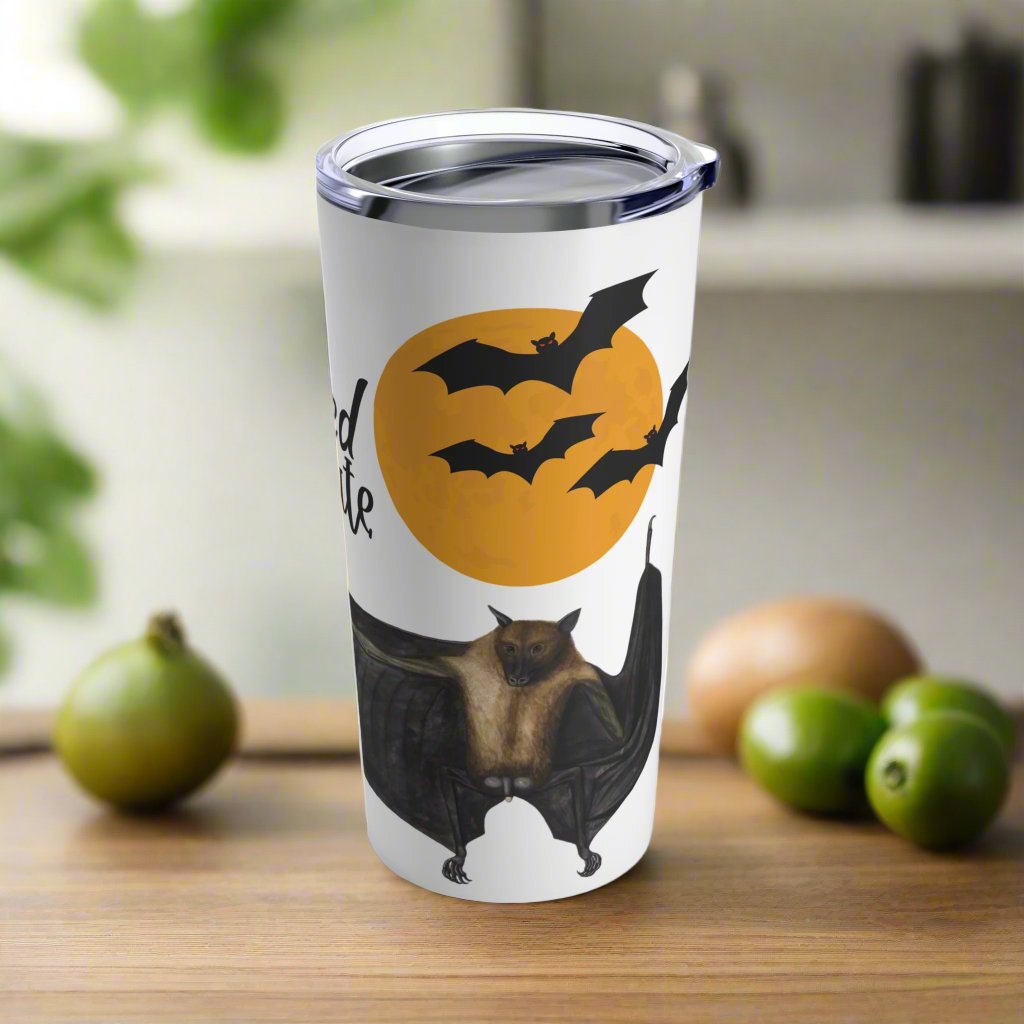Front view of a Wicked Cute Bat 20oz Stainless Steel Tumbler featuring a spooky and cute bat design.