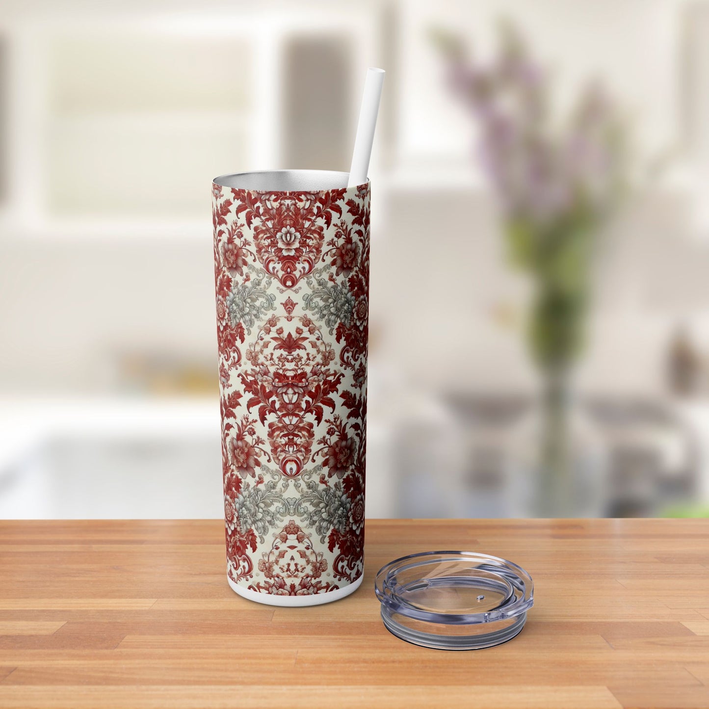 Red & White Baroque Chinoiserie Tumbler – 20oz Maars Skinny Tumbler with Straw | Insulated Stainless Steel Travel Mug