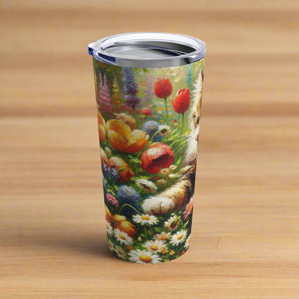 Insulated tumbler featuring a cute kitten surrounded by vibrant flowers in a garden setting.
