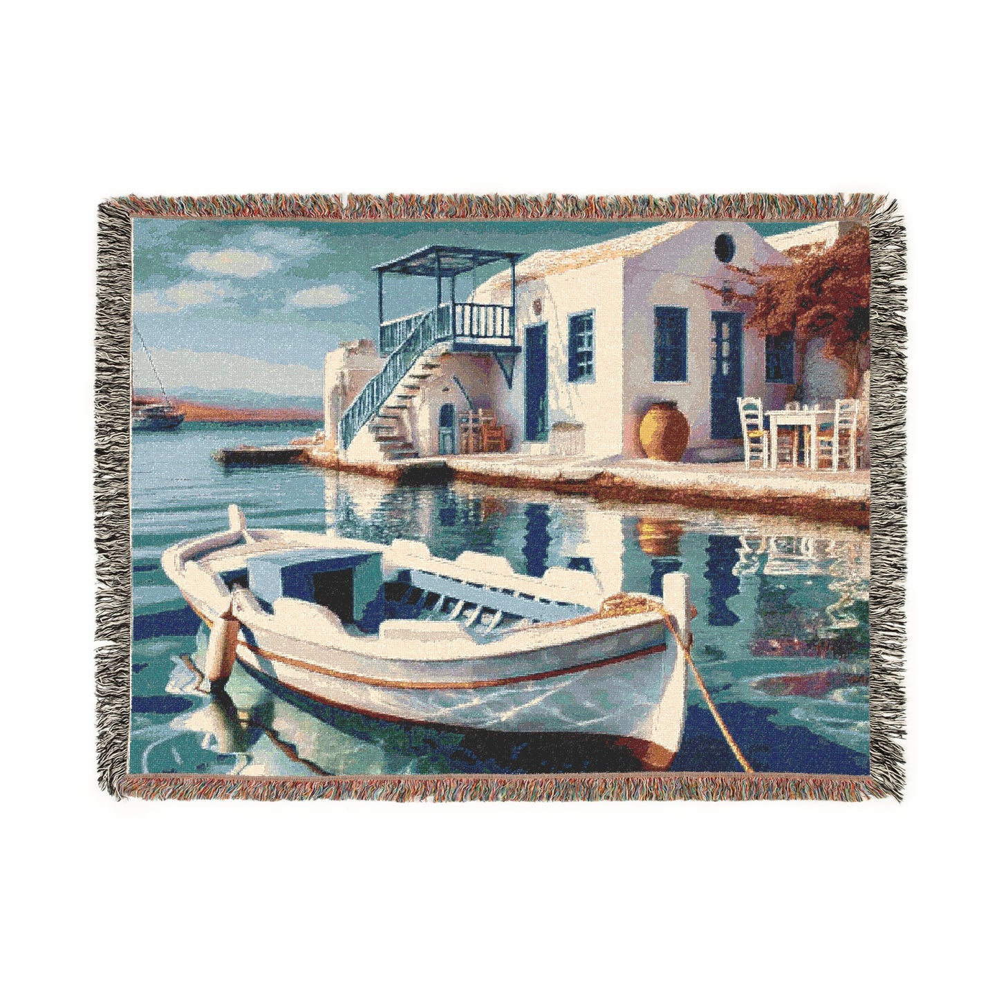 Coastal Getaway woven blanket styled as a wall tapestry in a nautical-themed room.