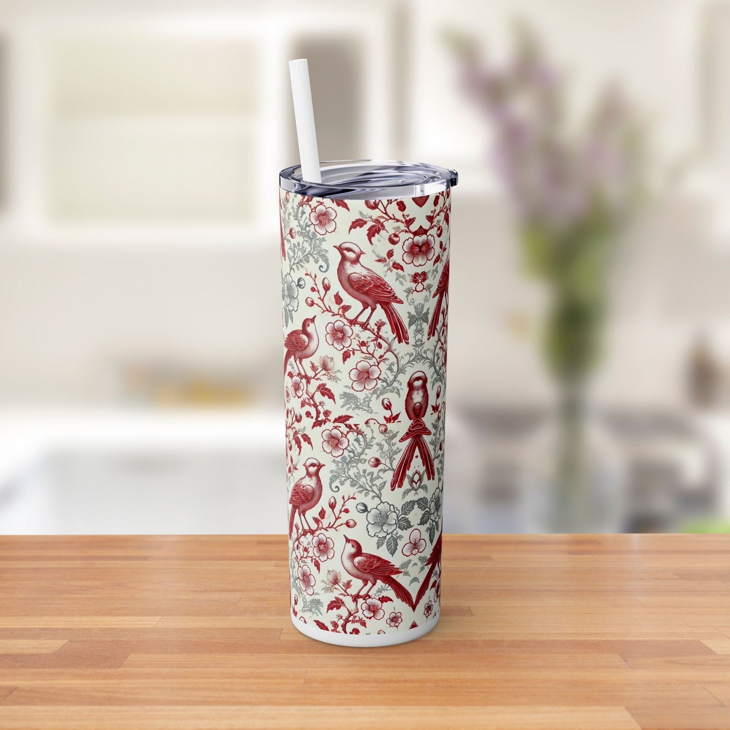 Red & White Chinoiserie Bird Tumbler – 20oz Maars Skinny Tumbler with Straw | Insulated Stainless Steel Travel Mug
