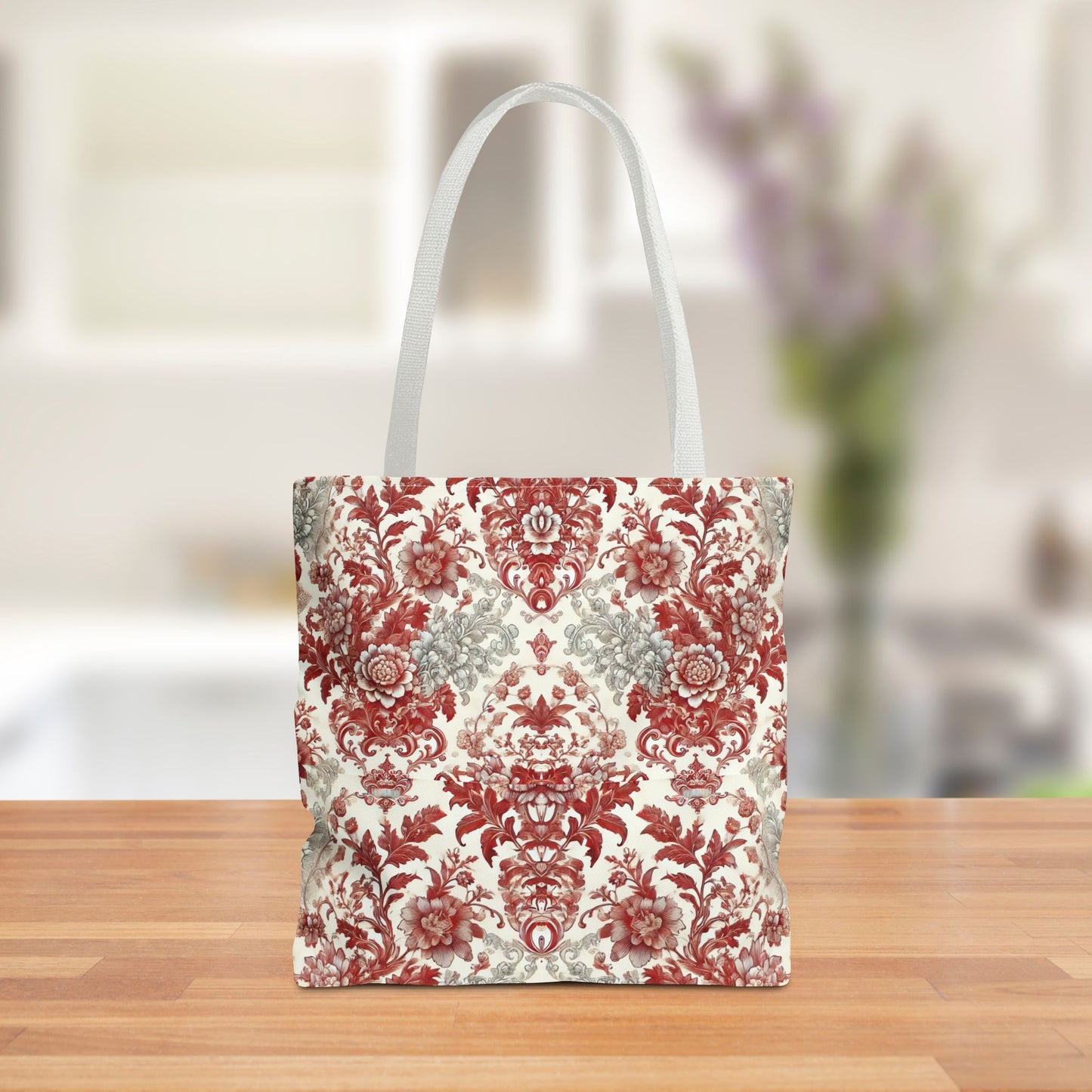 Luxury Red & Gray Chinoiserie Tote Bag – Elegant Floral Baroque Design | Black or White Handles | Stylish Everyday Carryall