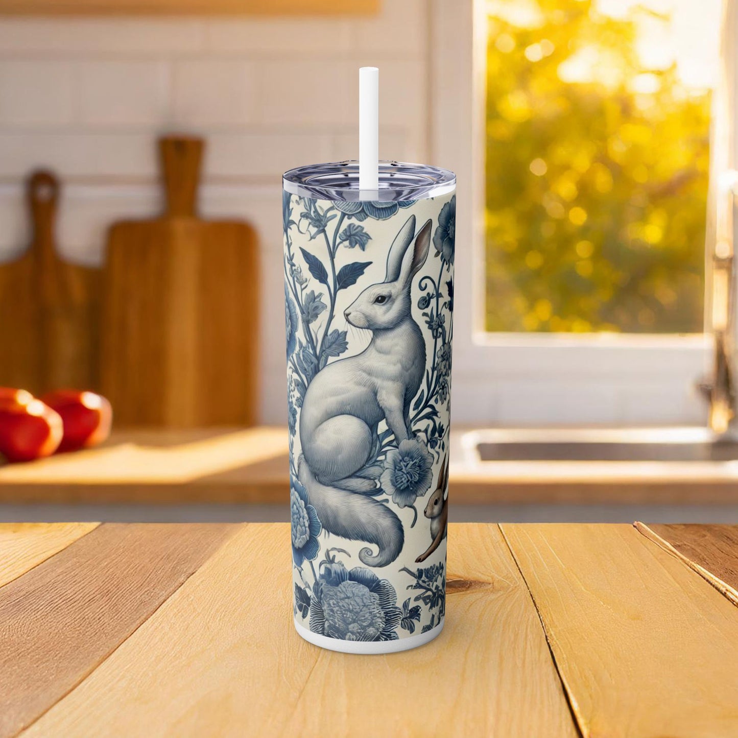 Chinoiserie Blue & White Forest Animals Tumbler | 20oz Maars Stainless Steel Insulated Tumbler with Lid & Straw | Fox & Rabbit Floral Travel Mug