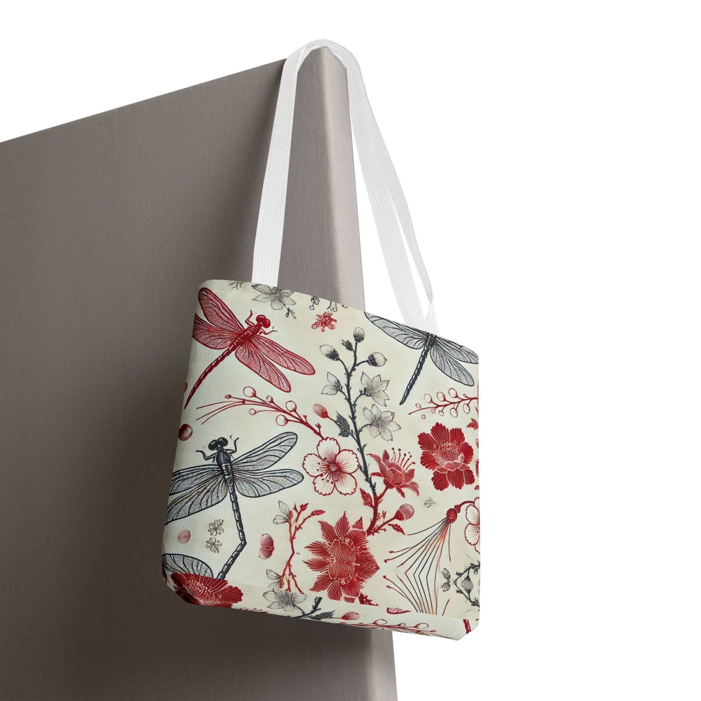 Dragonfly Floral Chinoiserie Tote Bag | Elegant Red & Black Insect Print Bag | Eco-Friendly Polyester Tote | Nature-Inspired Gift