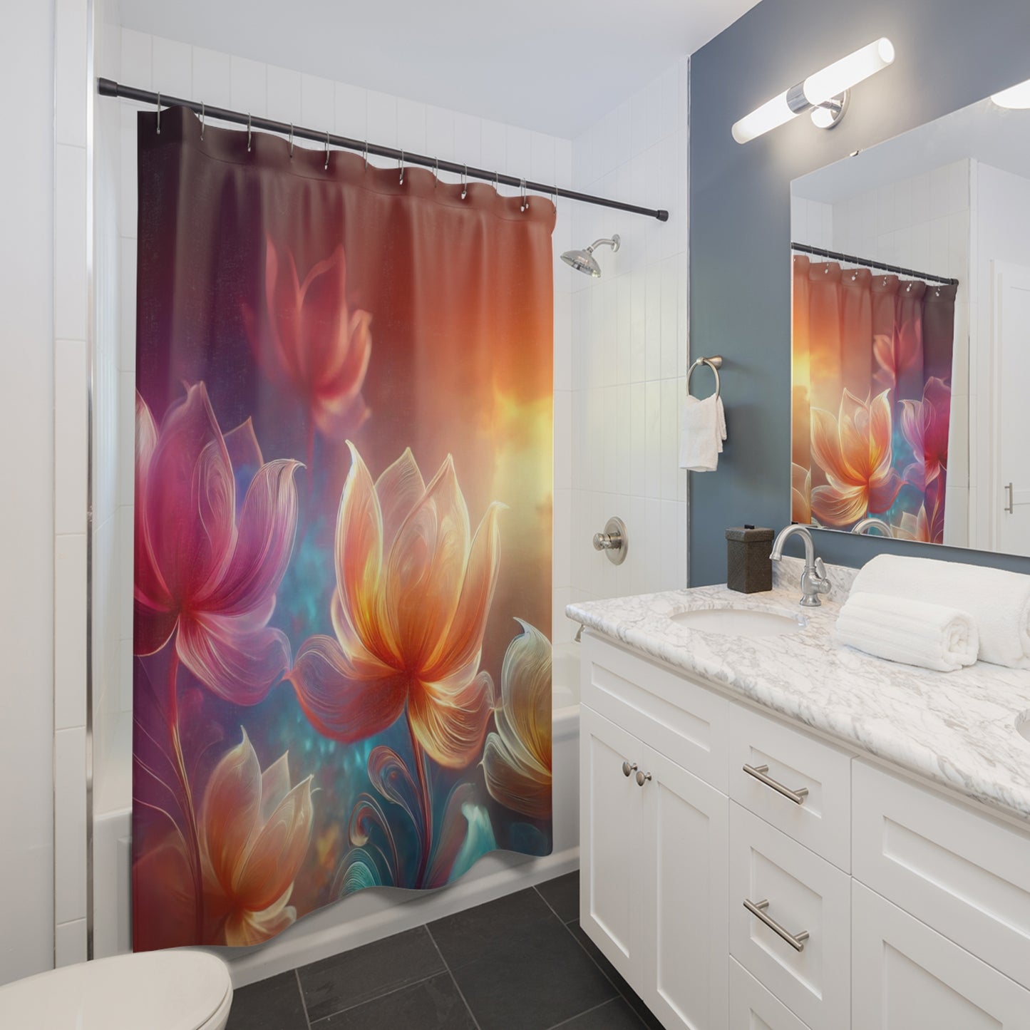 Lifestyle photo of a lotus flower shower curtain in a modern bathroom with neutral accents.