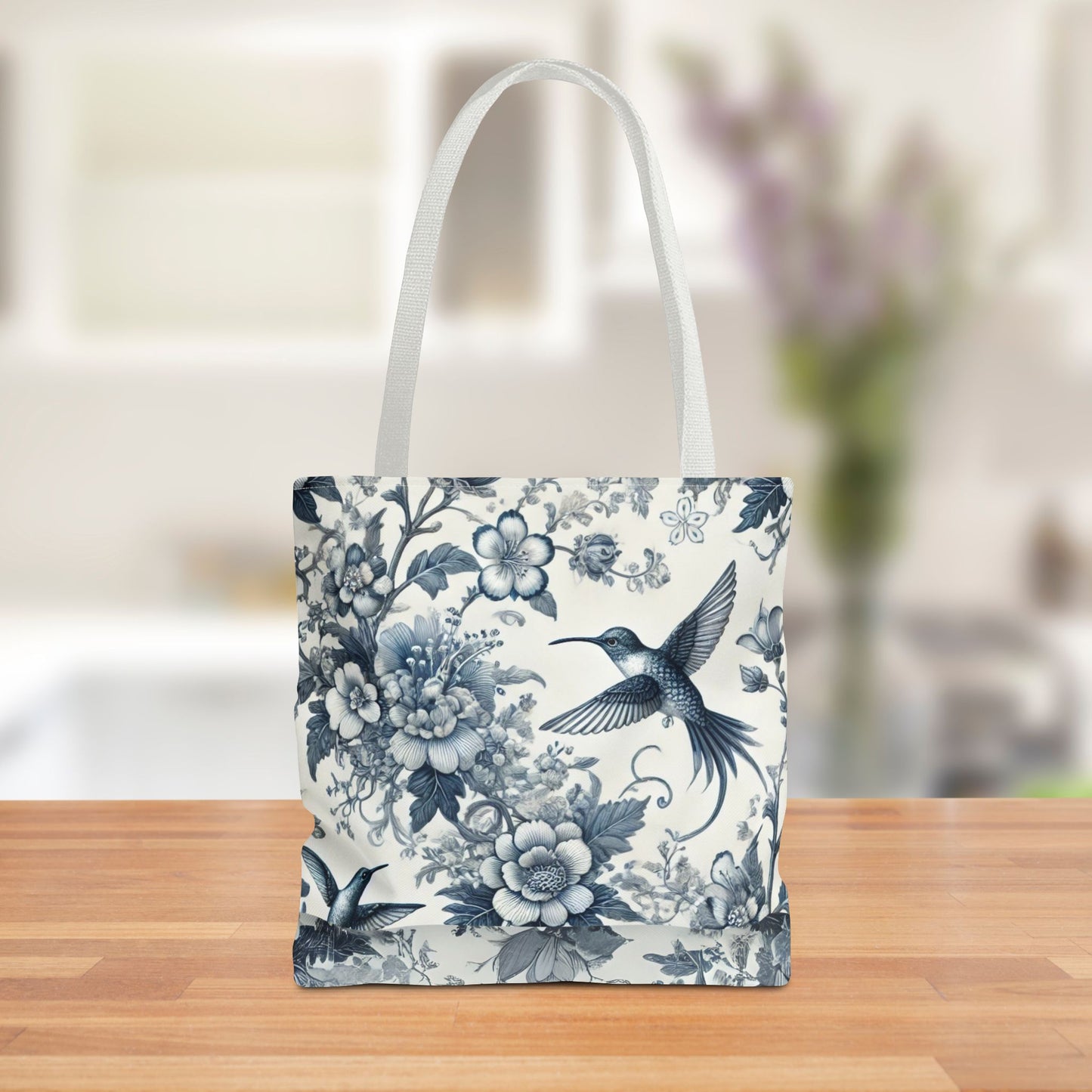 Chinoiserie Hummingbird Tote Bag – Blue & White Vintage Floral Bird Design | Durable Polyester Canvas | White or Navy Straps