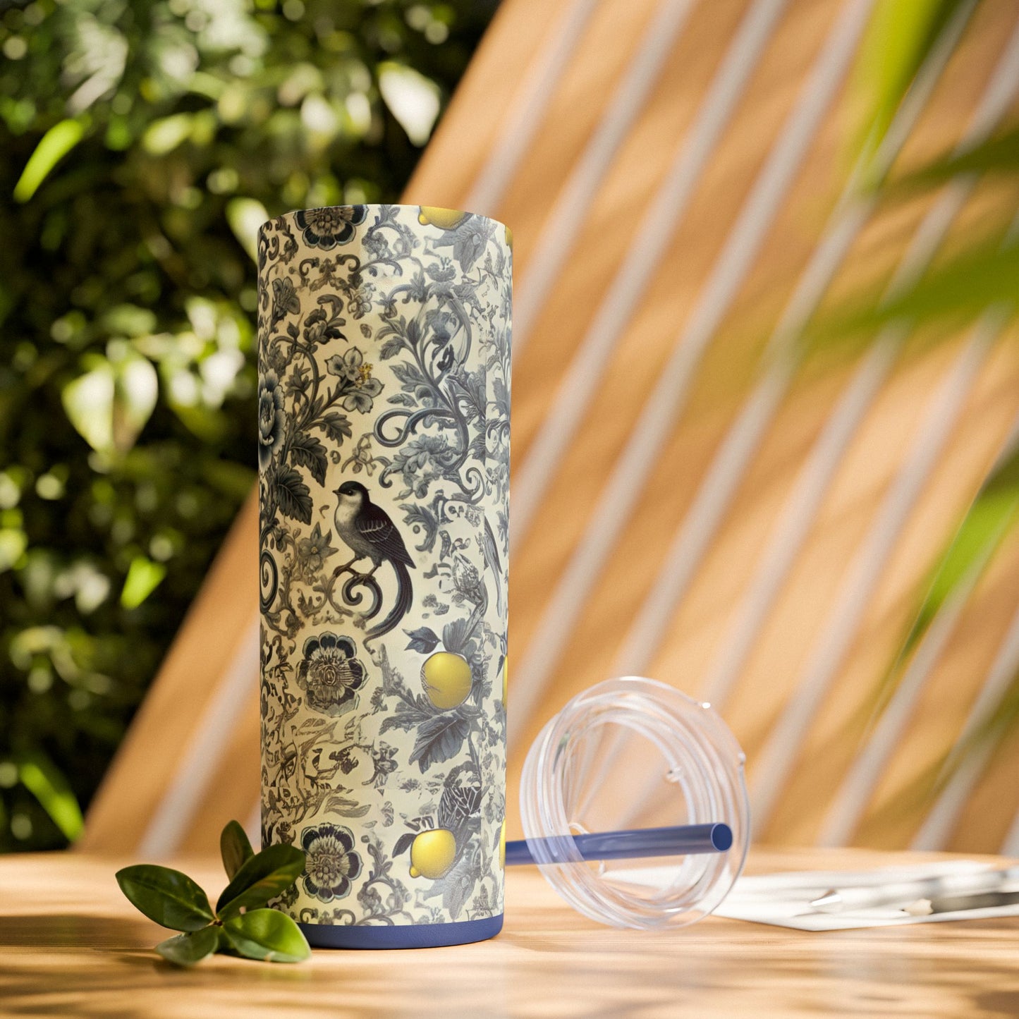 Blue Chinoiserie Lemon Tumbler | 20oz Insulated Travel Cup | Vintage Botanical Birds & Lemons | Includes Straw & Lid