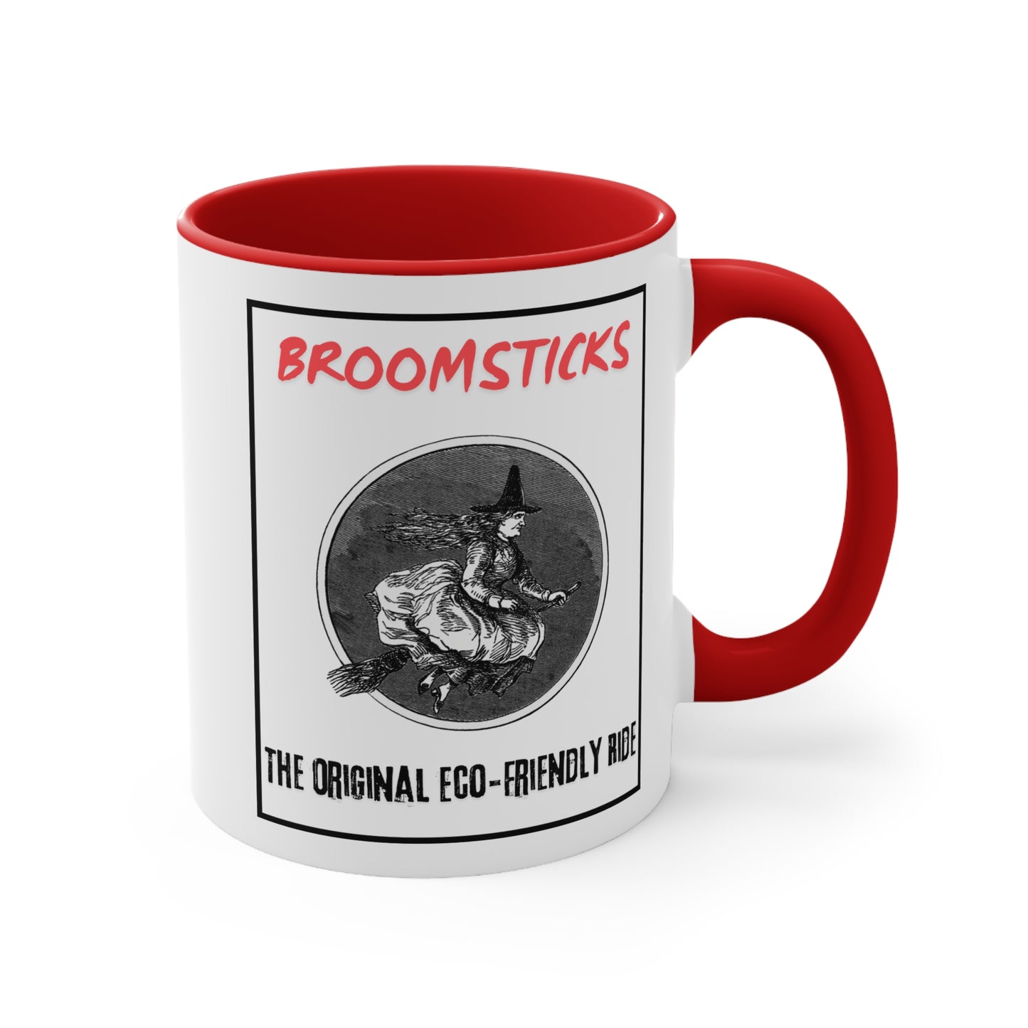 Red Interior: Side view of a white mug with red handle and interior, depicting a whimsical witch design and humorous eco-friendly message.