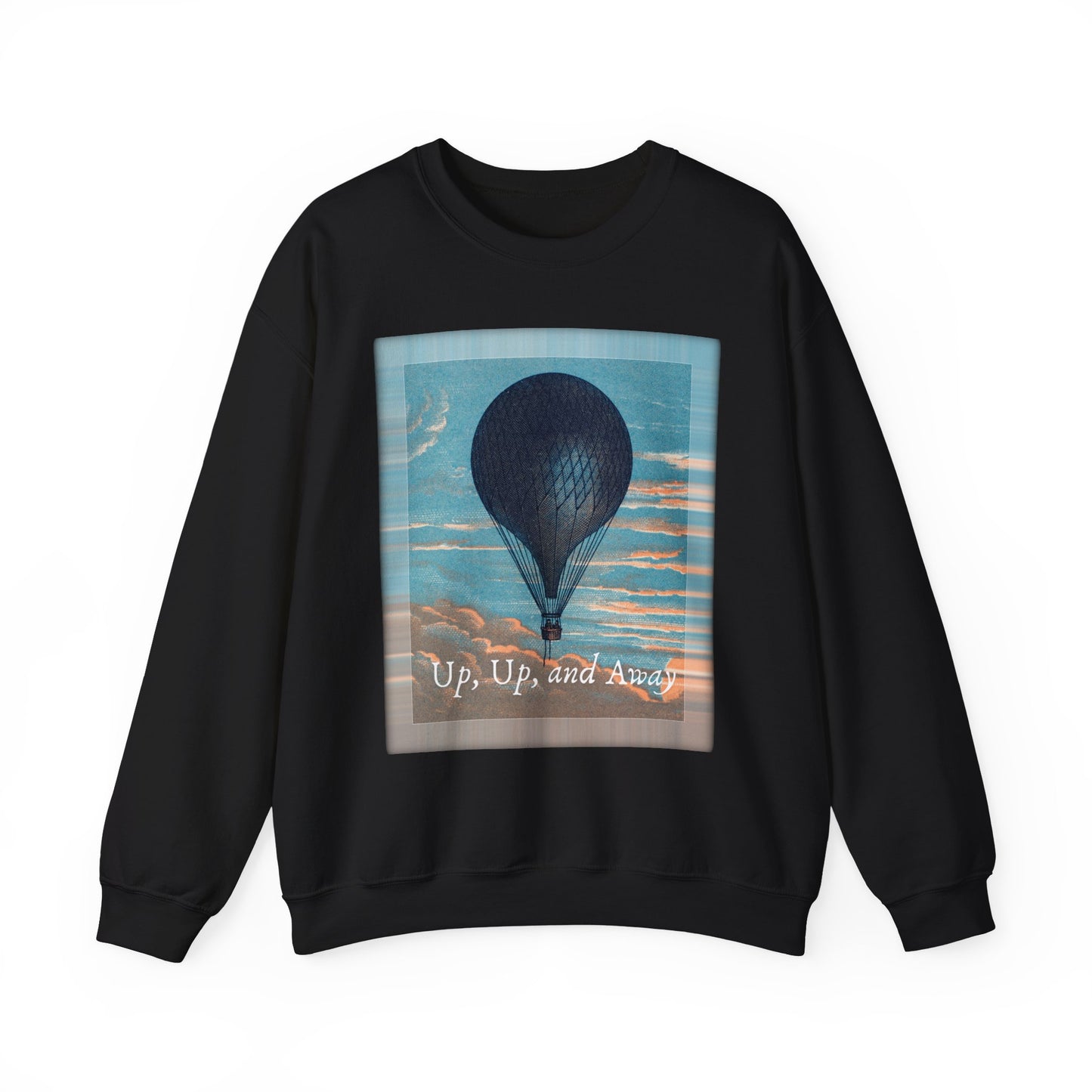 Front view of the "Up, Up, and Away" blue and gold hot air balloon sweatshirt in black, featuring bold design