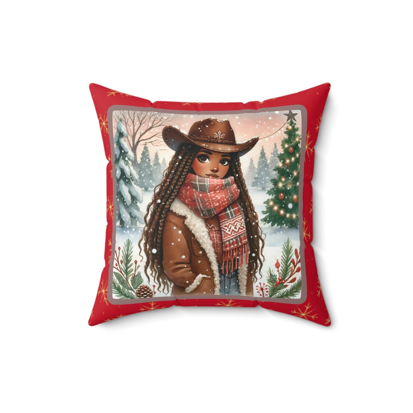 Rustic Cowgirl Christmas Pillow, Red and Gold Snowflake Throw Pillow, Festive Holiday Decorative Cushion with Zipper