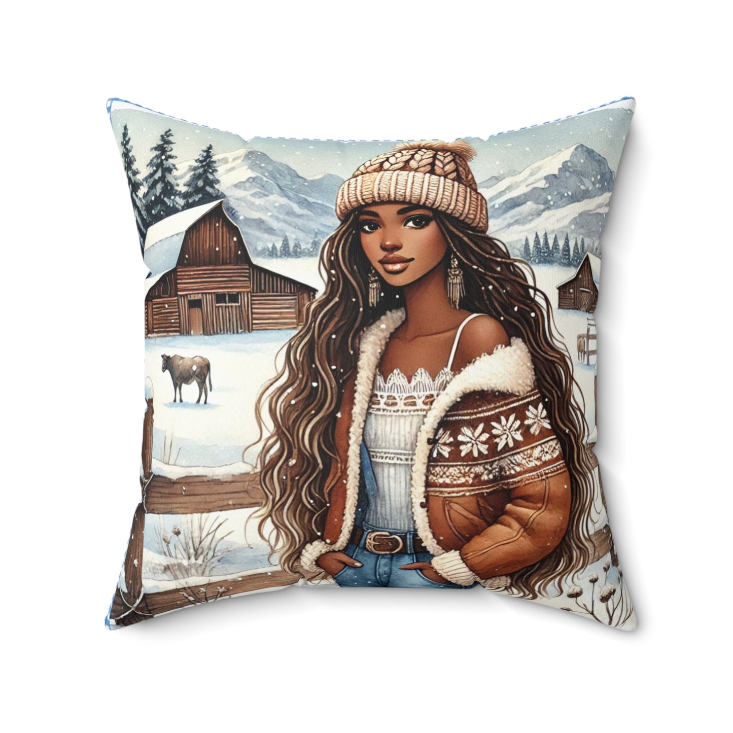 Winter Ranch Pillow, Cozy Winter Throw Pillow with Rustic Snowy Ranch Scene | Double-Sided Gingham Blue Pattern Back