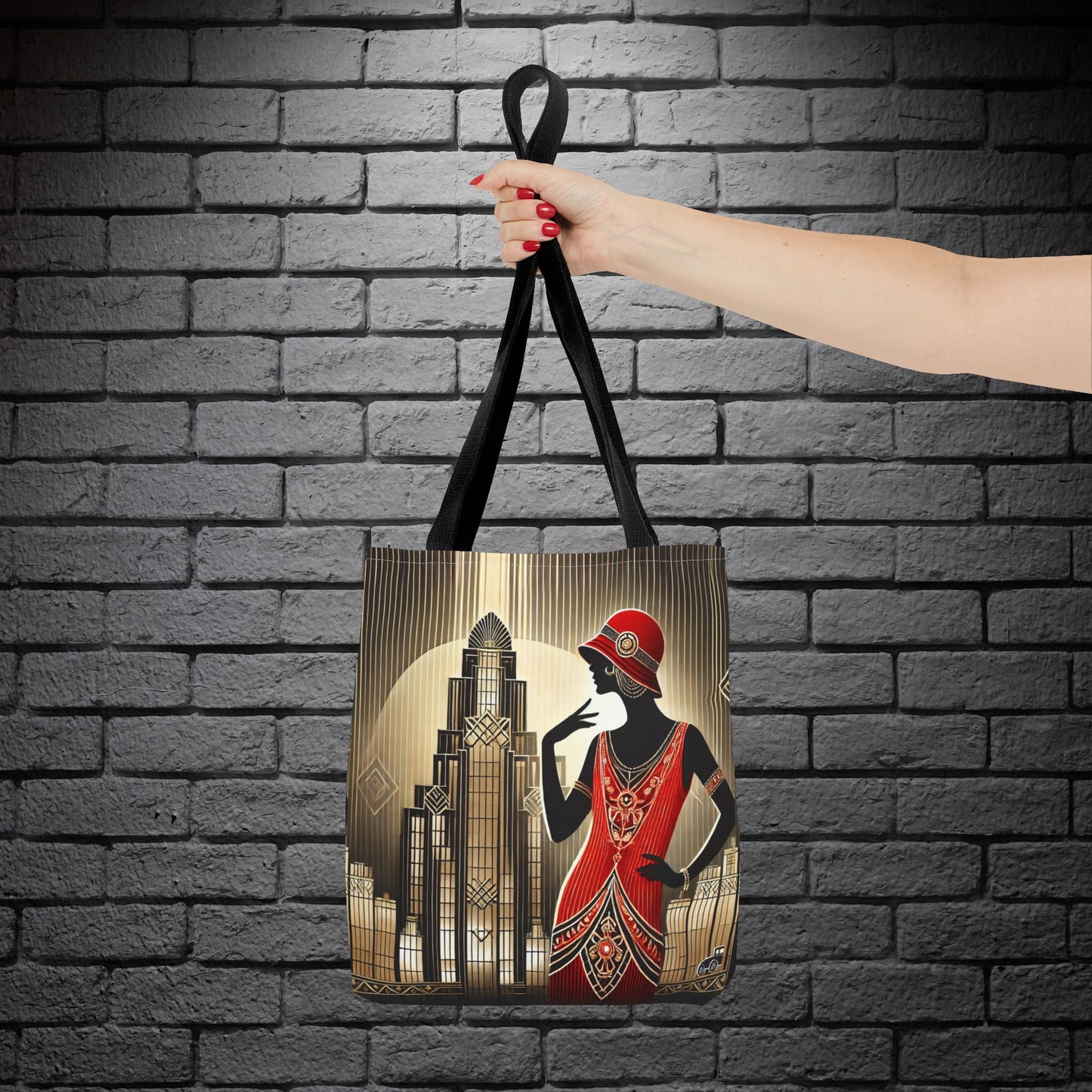Lifestyle image of the tote bag displayed on a wooden surface, highlighting its vintage-inspired elegance.