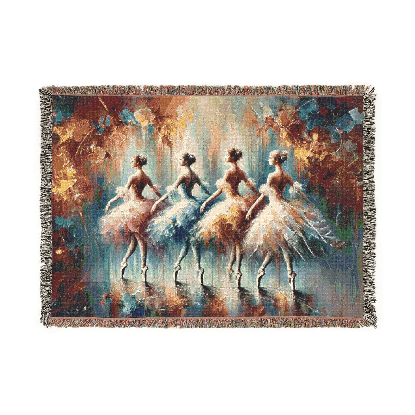 Elegant Ballet Woven Throw Blanket | Ballerina Group Art | Cotton Throw with Fringe | Dance-Inspired Home Decor