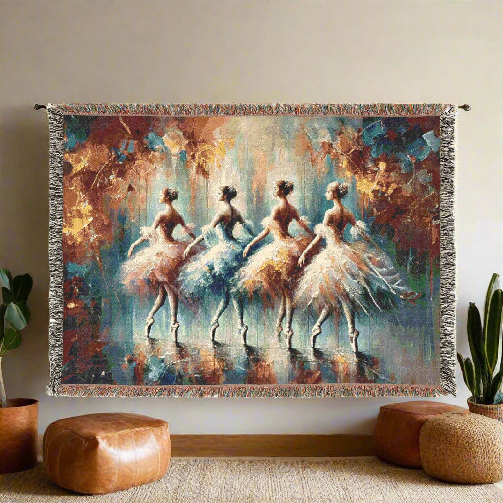 Elegant Ballet Woven Throw Blanket | Ballerina Group Art | Cotton Throw with Fringe | Dance-Inspired Home Decor