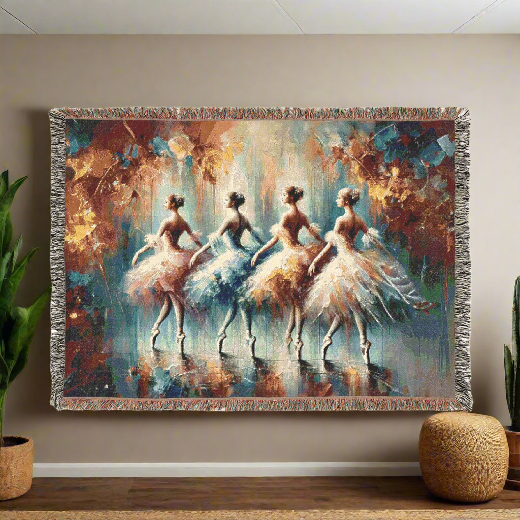 Elegant Ballet Woven Throw Blanket | Ballerina Group Art | Cotton Throw with Fringe | Dance-Inspired Home Decor