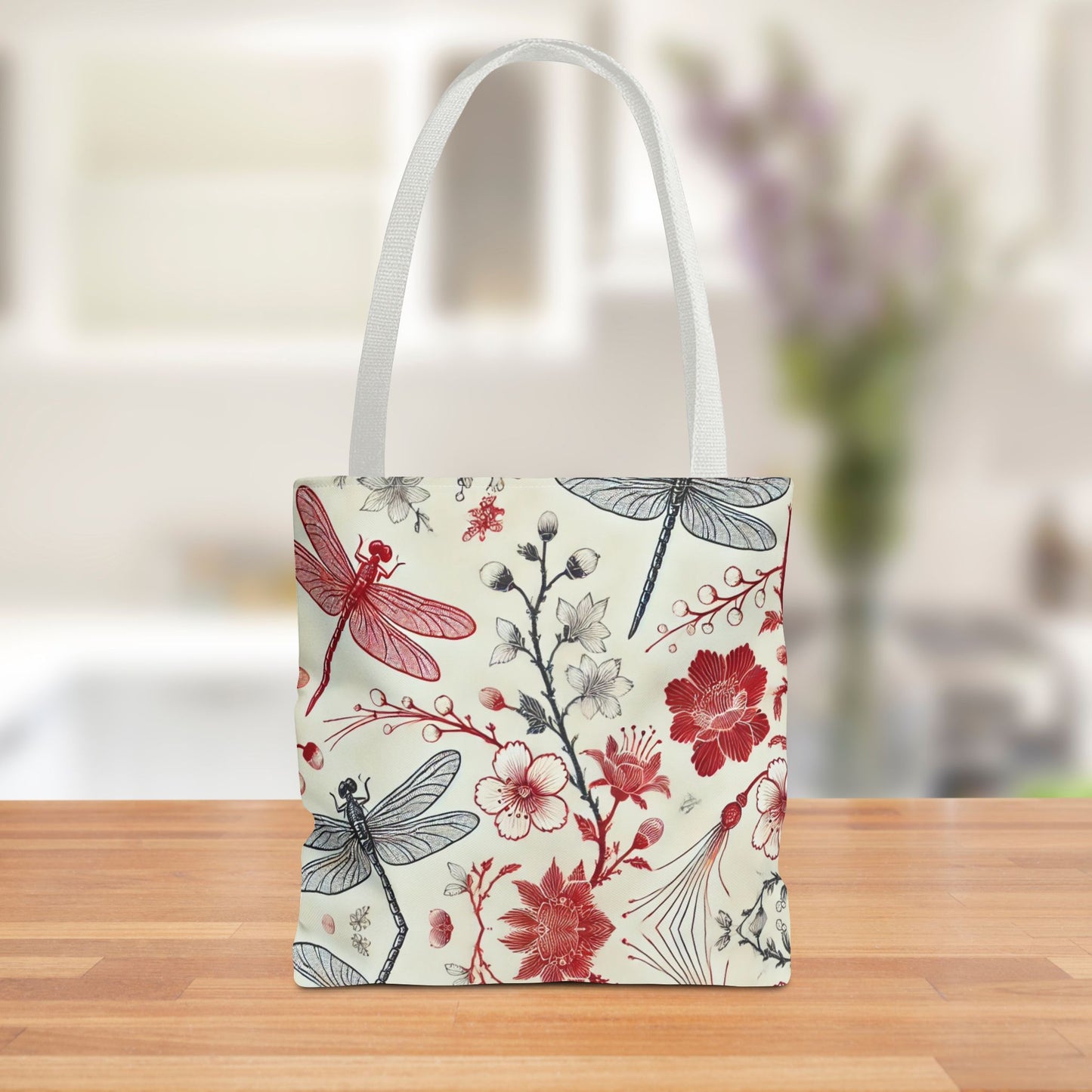 Dragonfly Floral Chinoiserie Tote Bag | Elegant Red & Black Insect Print Bag | Eco-Friendly Polyester Tote | Nature-Inspired Gift