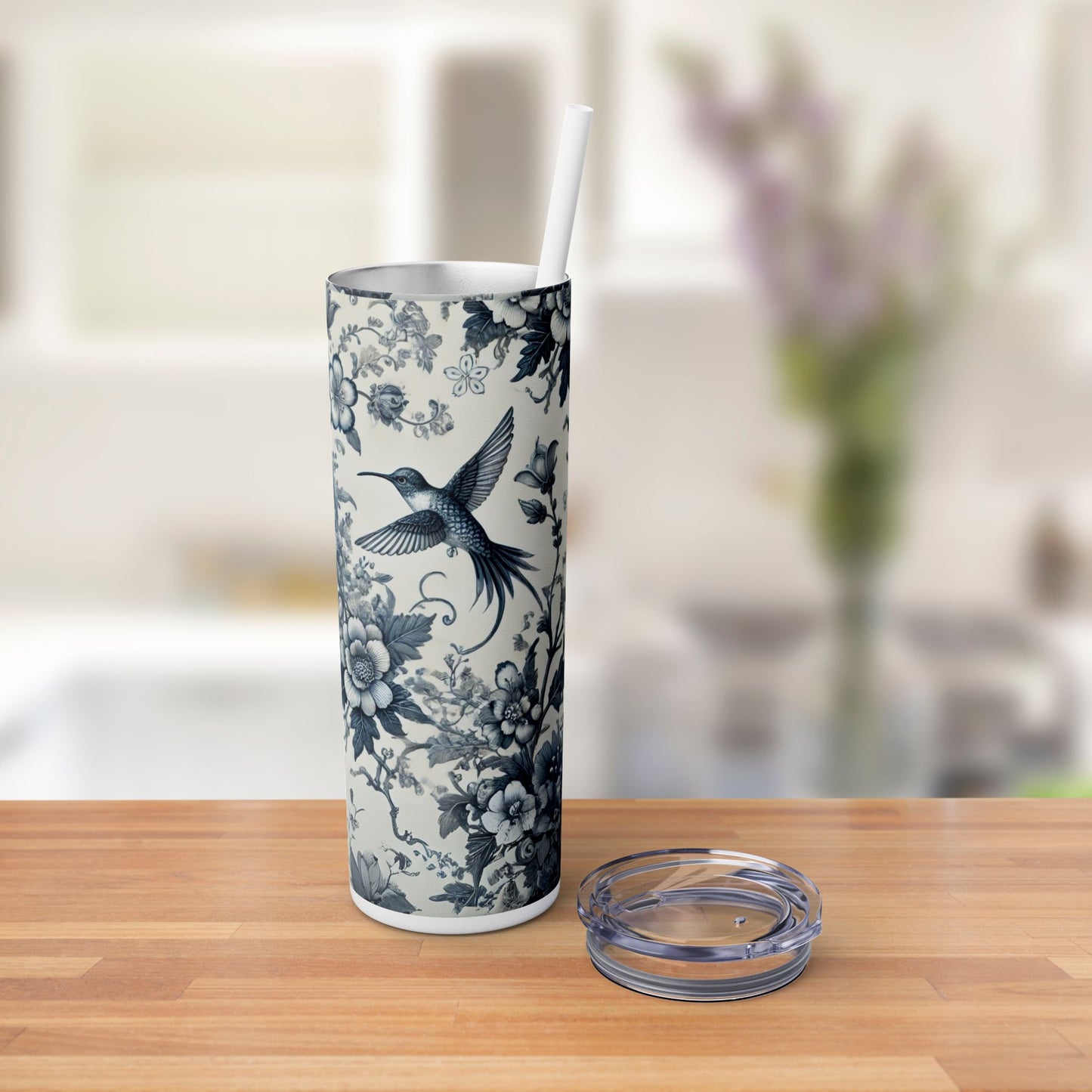 Blue & White Chinoiserie Hummingbird Tumbler | 20oz Maars Skinny Insulated Travel Mug with Lid & Straw | Elegant Floral Bird Design | Gift for Tea & Coffee Lovers