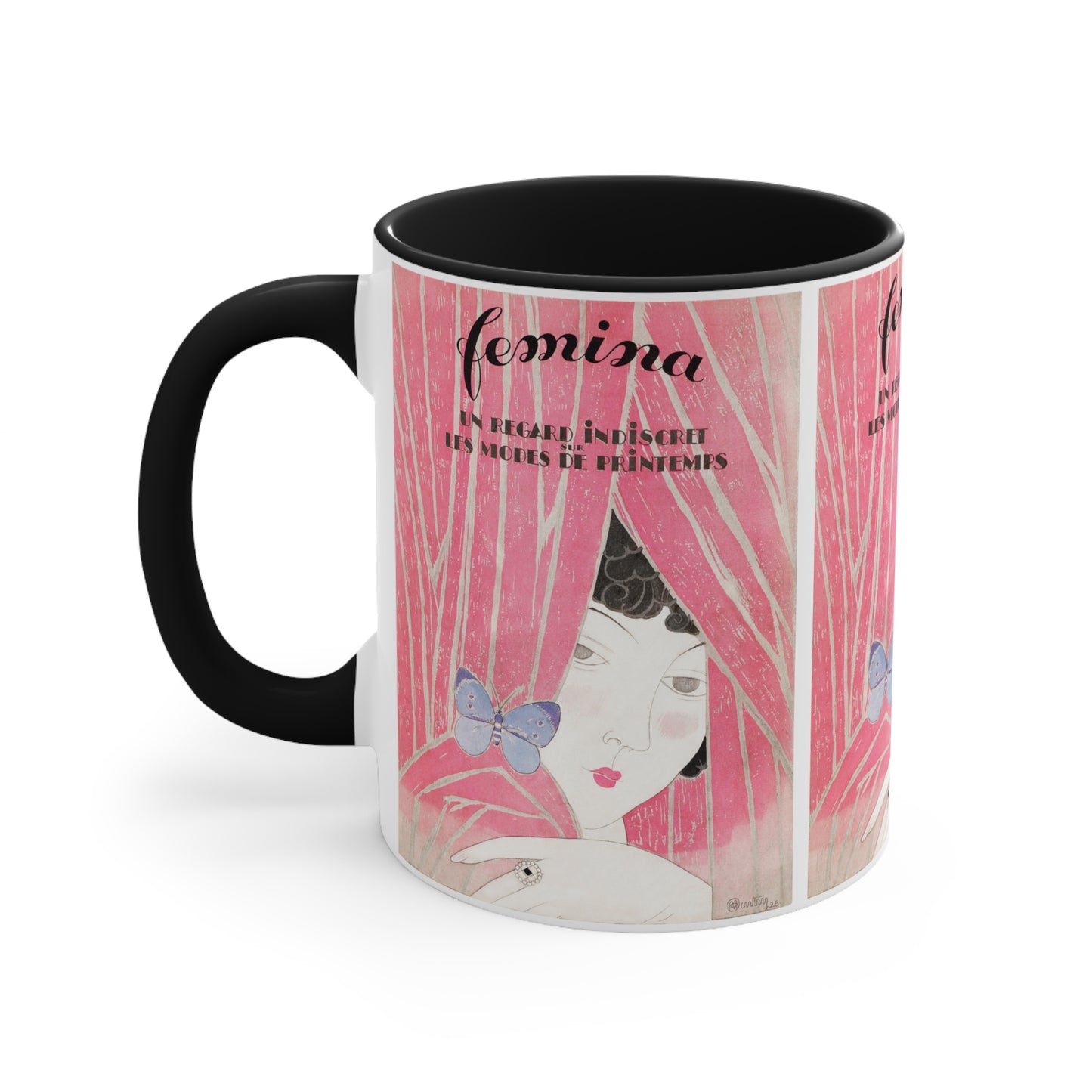 Side view of the Femina Art Nouveau mug, displaying the repeated vintage French illustration.