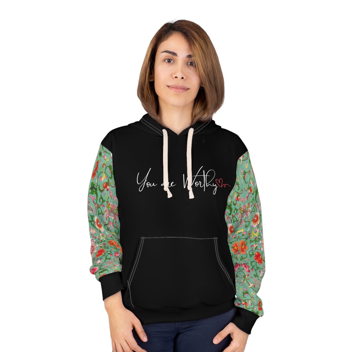 Woman wearing the 'You Are Worthy' hoodie, highlighting the vintage floral design and positive message.