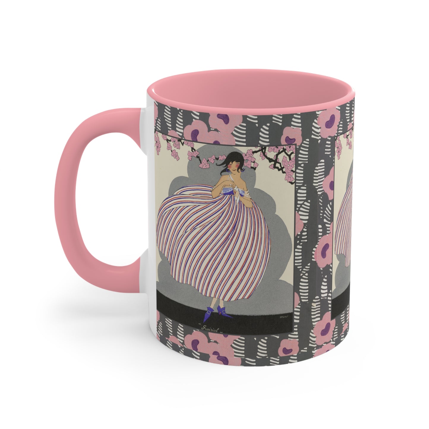 Side view of the Art Deco floral mug, showcasing a striking French-inspired illustration with bold pastel tones.