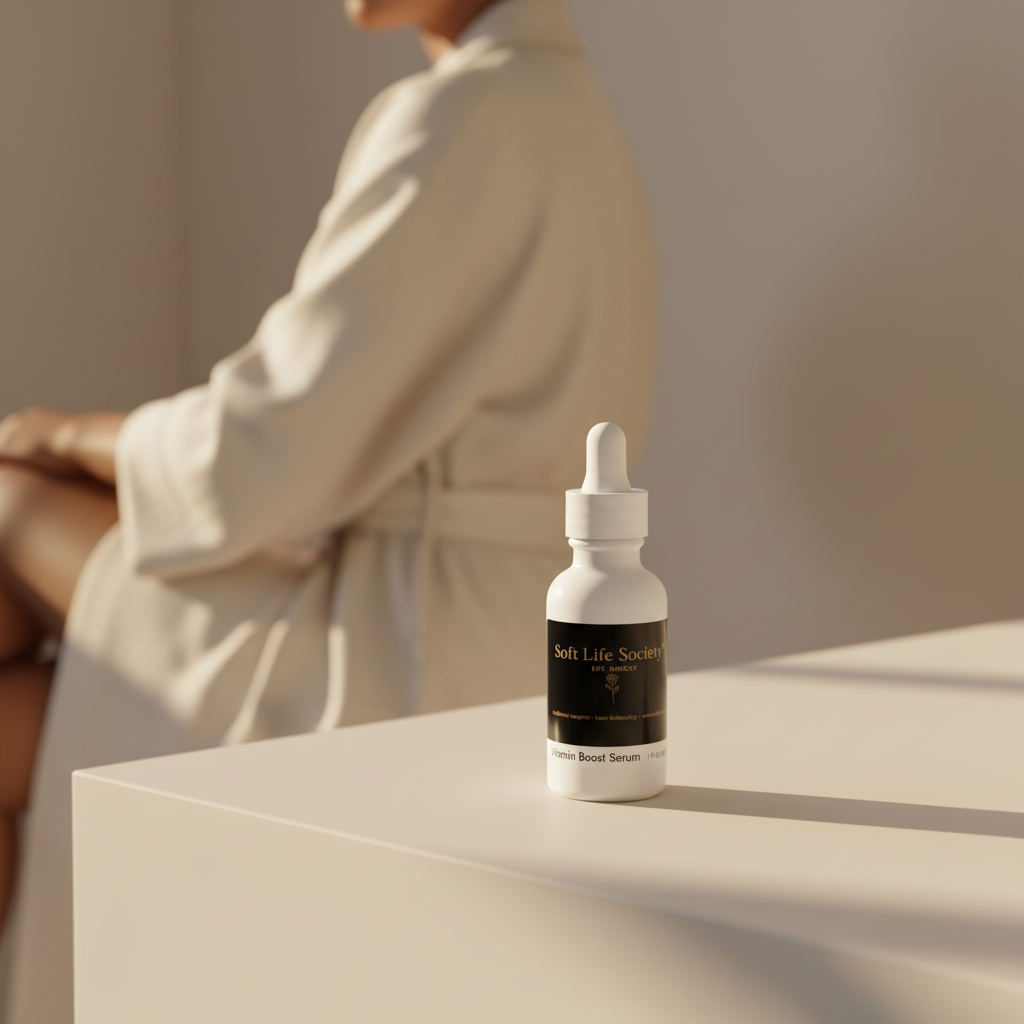 Soft Life Society skincare serum bottle on a table with a blurred person in the background