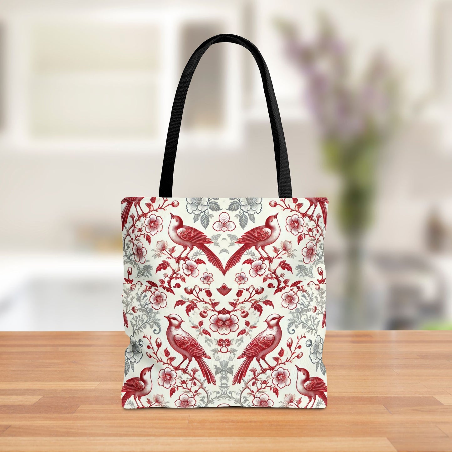 Red & Gray Chinoiserie Bird Tote Bag | Elegant Vintage Floral Baroque Tote | White or Black Handle Option | Reusable Fabric Bag