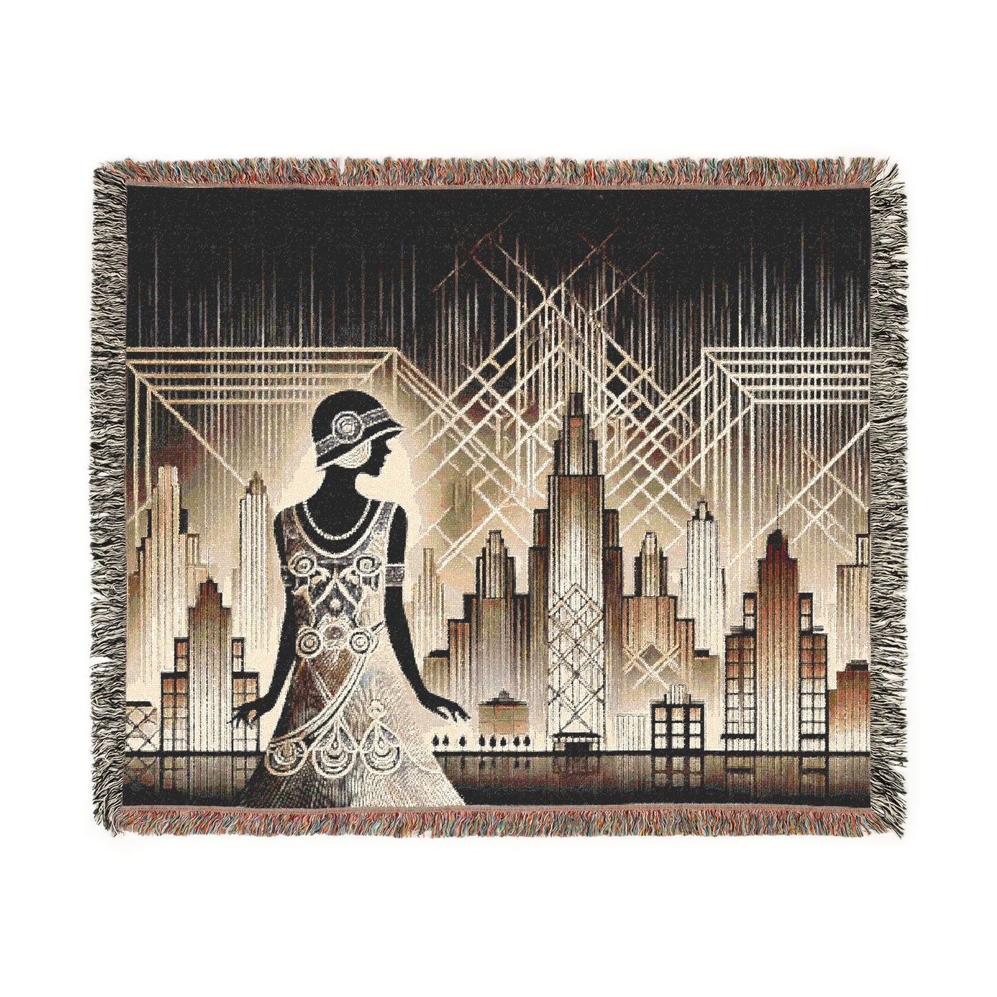 Woven blanket featuring a flapper silhouette against an Art Deco cityscape with geometric designs.