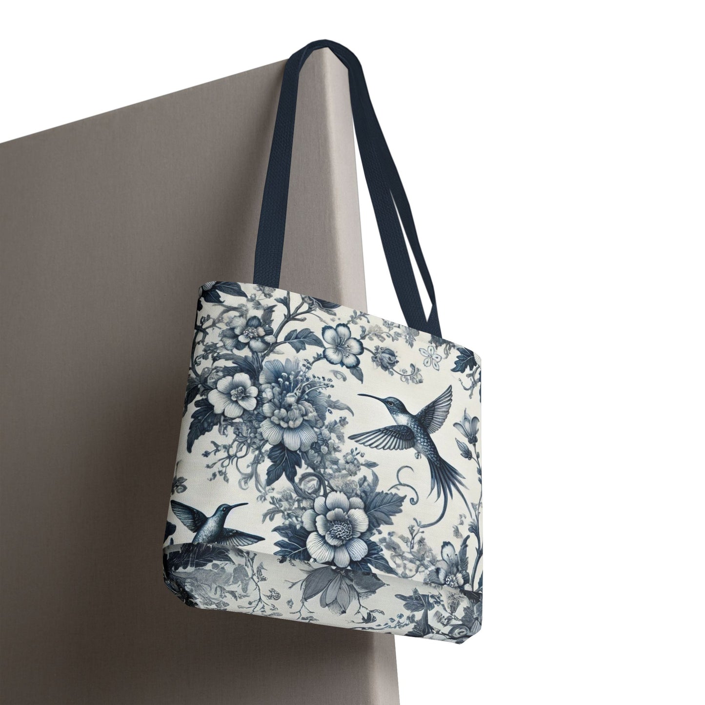 Chinoiserie Hummingbird Tote Bag – Blue & White Vintage Floral Bird Design | Durable Polyester Canvas | White or Navy Straps