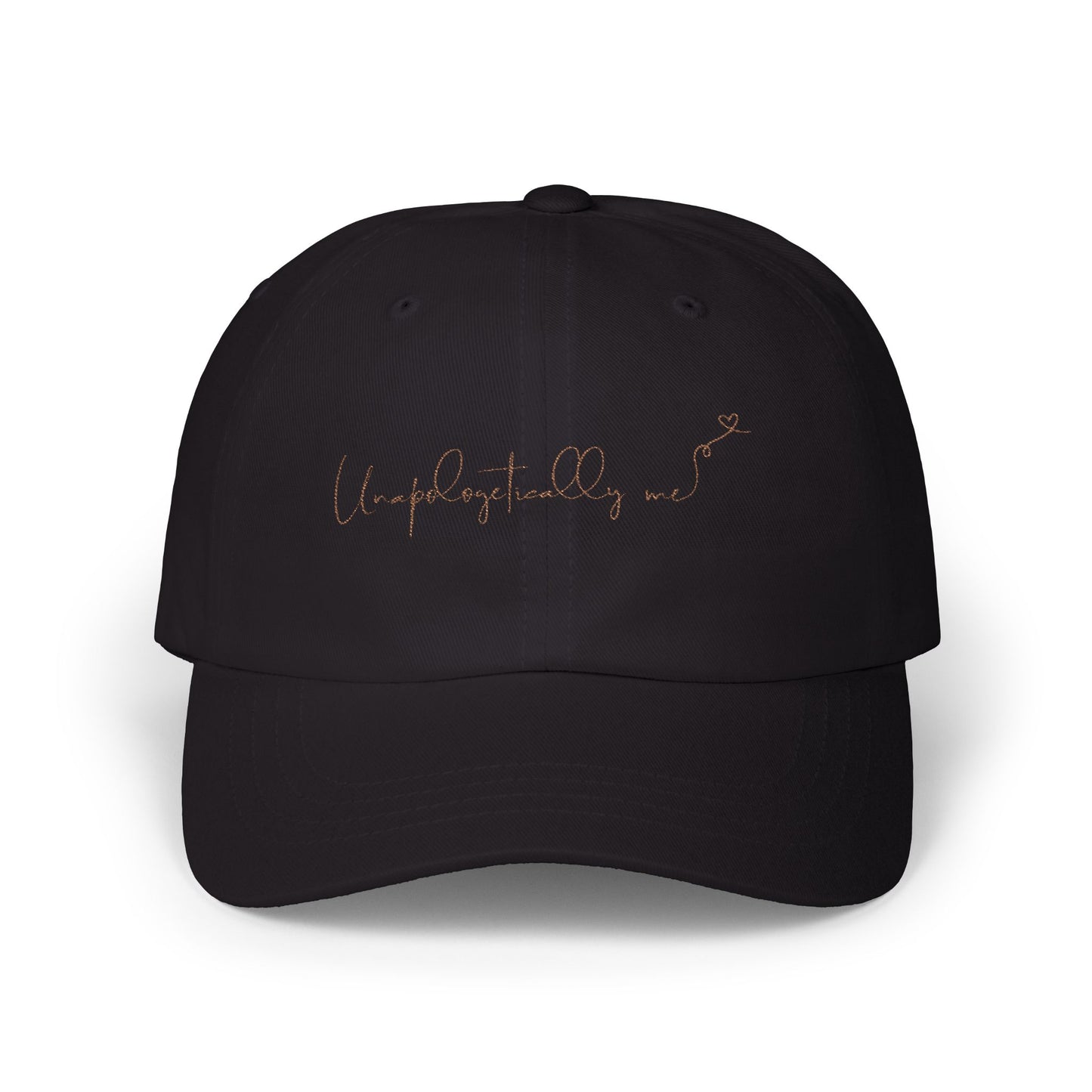 Front view of the 'Unapologetically Me' Classic Dad Hat in black, showcasing the embroidered design on a clean, minimalist base.