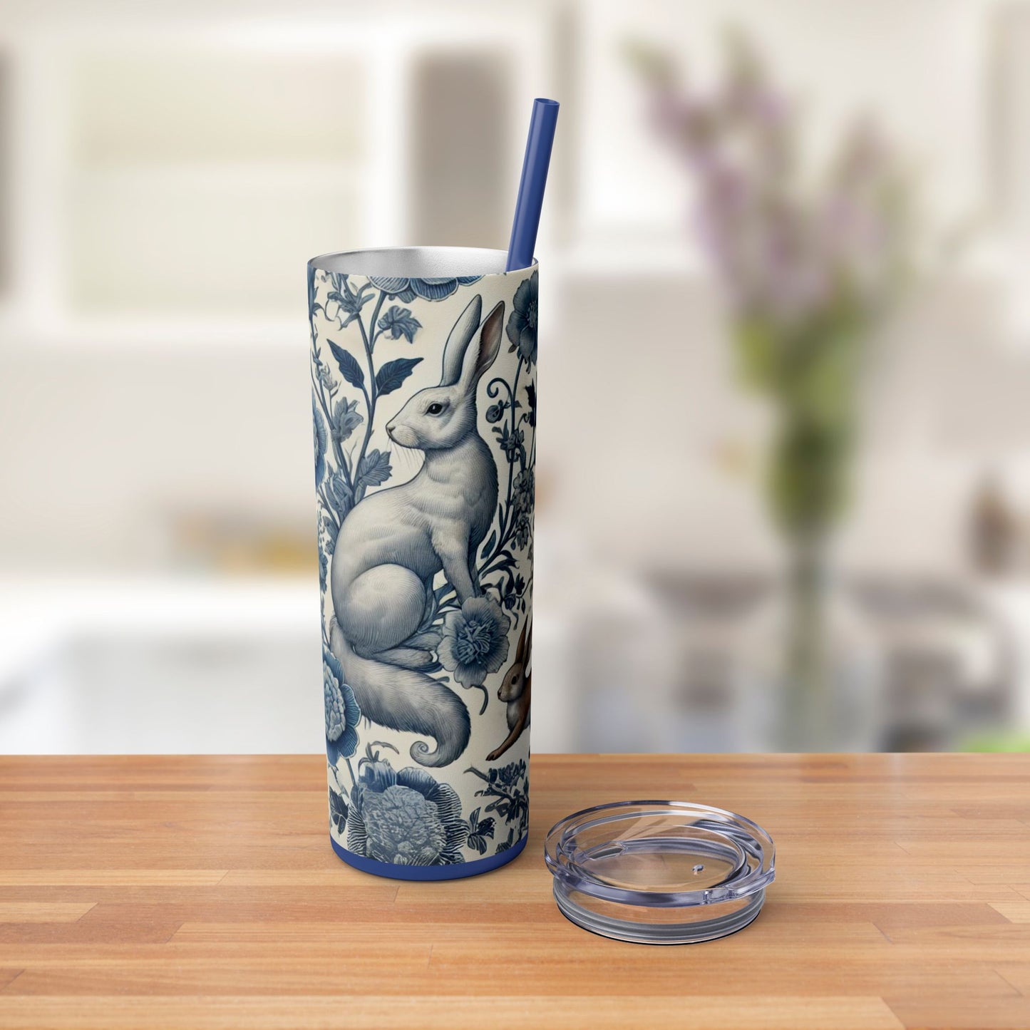 Chinoiserie Blue & White Forest Animals Tumbler | 20oz Maars Stainless Steel Insulated Tumbler with Lid & Straw | Fox & Rabbit Floral Travel Mug