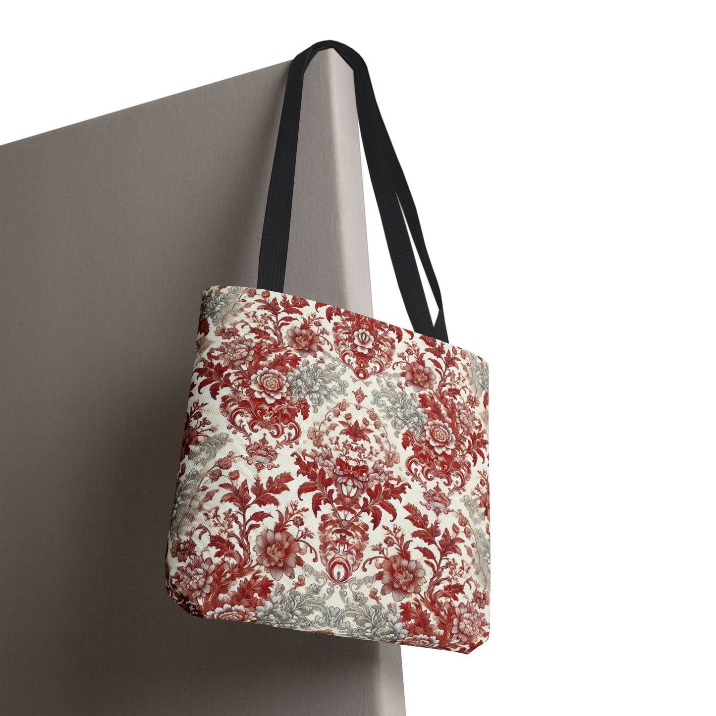 Luxury Red & Gray Chinoiserie Tote Bag – Elegant Floral Baroque Design | Black or White Handles | Stylish Everyday Carryall