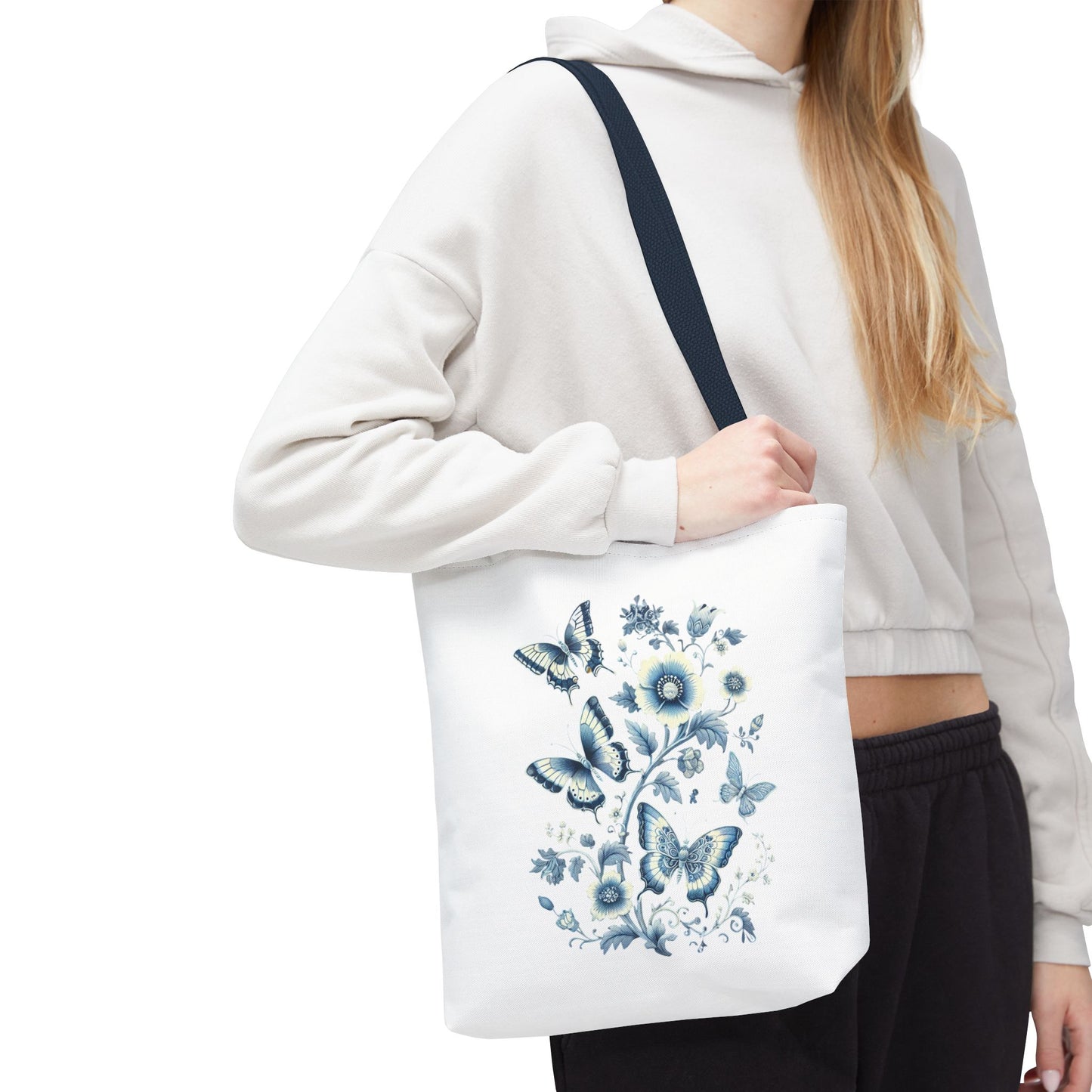 Chinoiserie Butterfly Tote Bag – Elegant Blue & White Floral Tote | Soft Polyester Shopping Bag | Aesthetic Everyday Carry-All