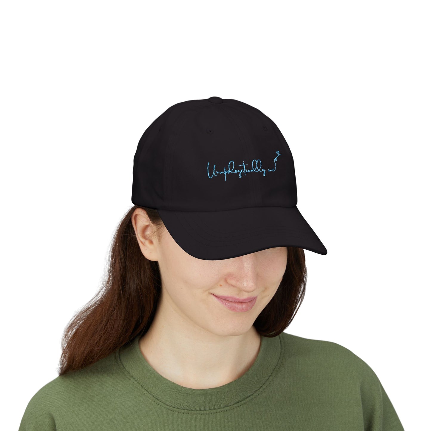 Model wearing the 'Unapologetically Me' Classic Dad Hat in black, facing forward, highlighting the casual and stylish fit.