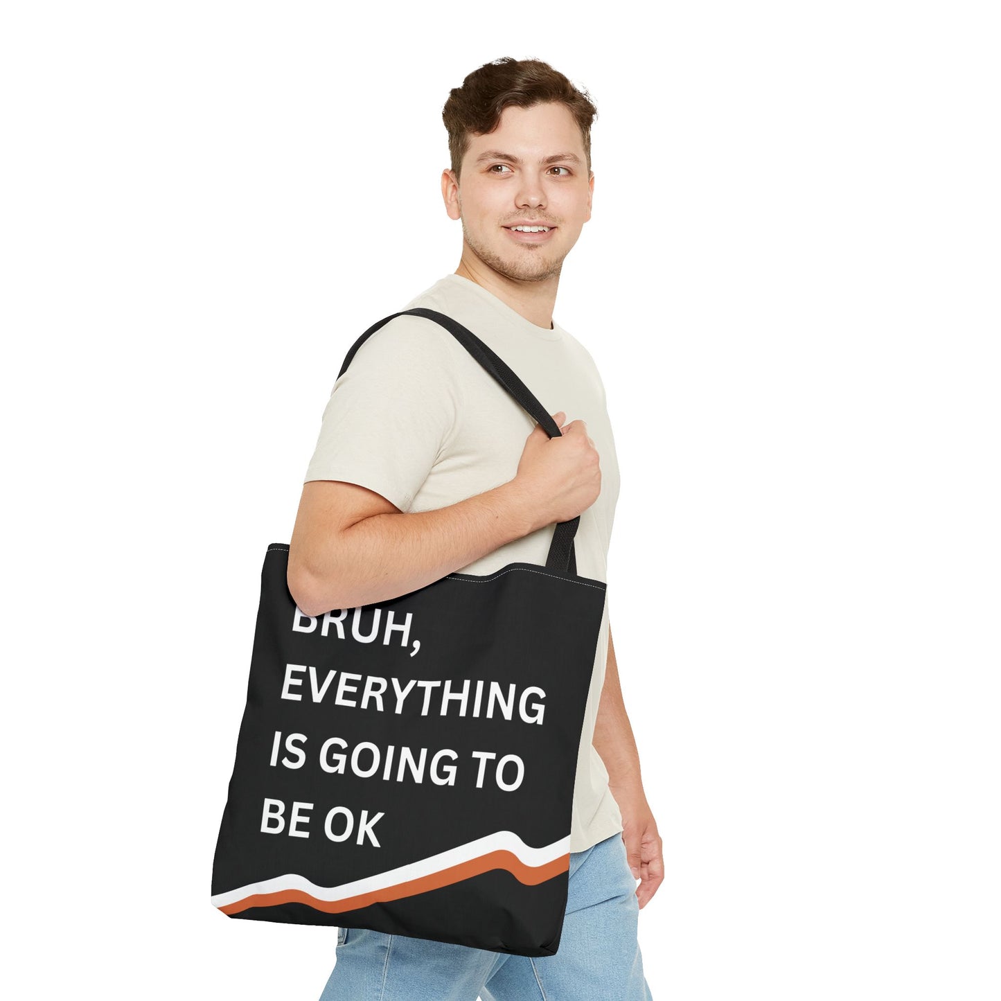 Close-up of a person carrying the motivational tote bag, highlighting the vibrant stripes and positive message.