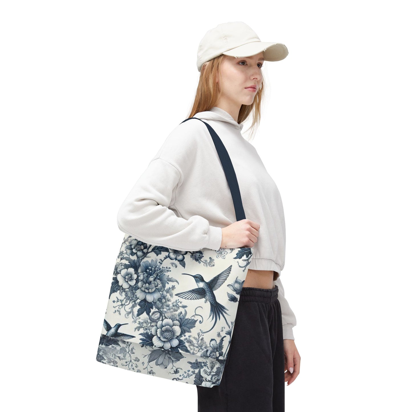 Chinoiserie Hummingbird Tote Bag – Blue & White Vintage Floral Bird Design | Durable Polyester Canvas | White or Navy Straps
