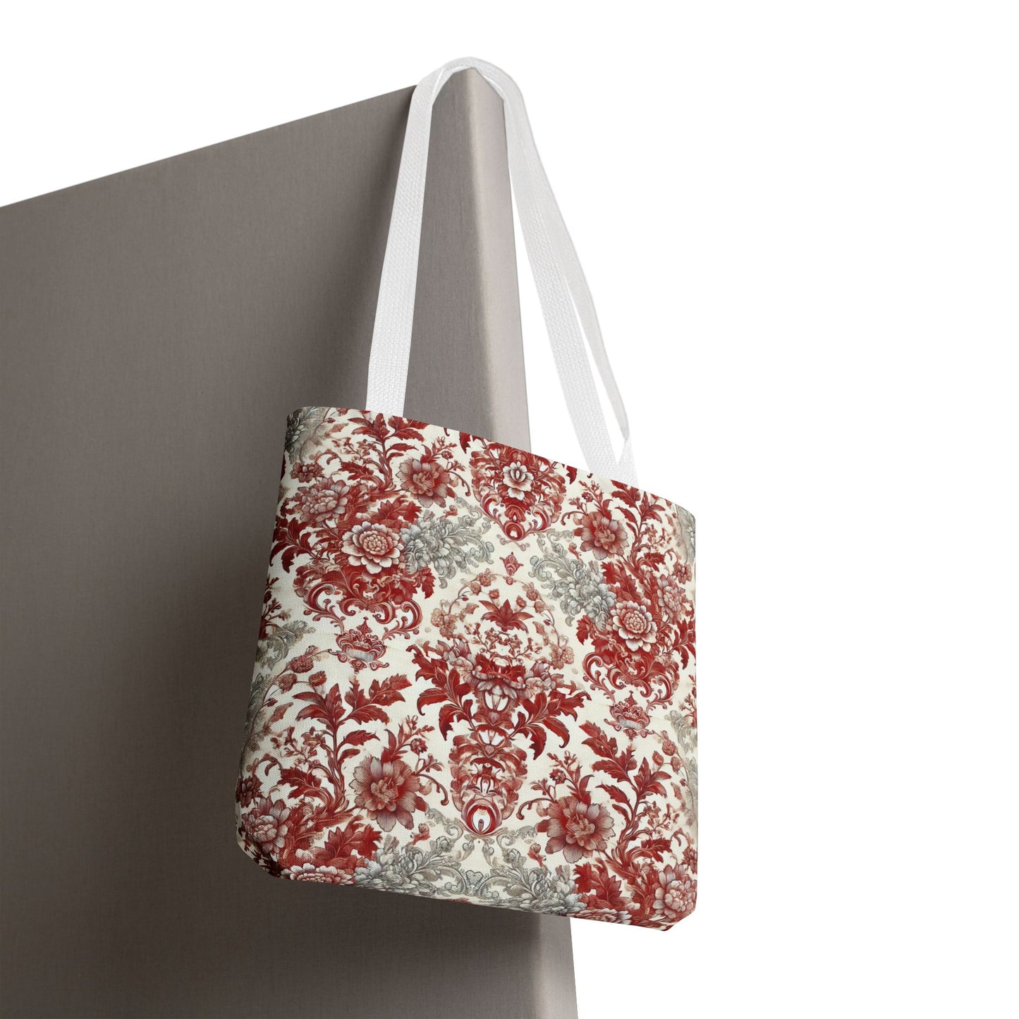 Luxury Red & Gray Chinoiserie Tote Bag – Elegant Floral Baroque Design | Black or White Handles | Stylish Everyday Carryall