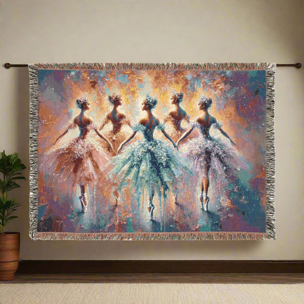 Ballerina Dance Woven Throw Blanket | Elegant Ballet Dancer Art | Cotton Blanket with Fringe | Graceful Ballet Design