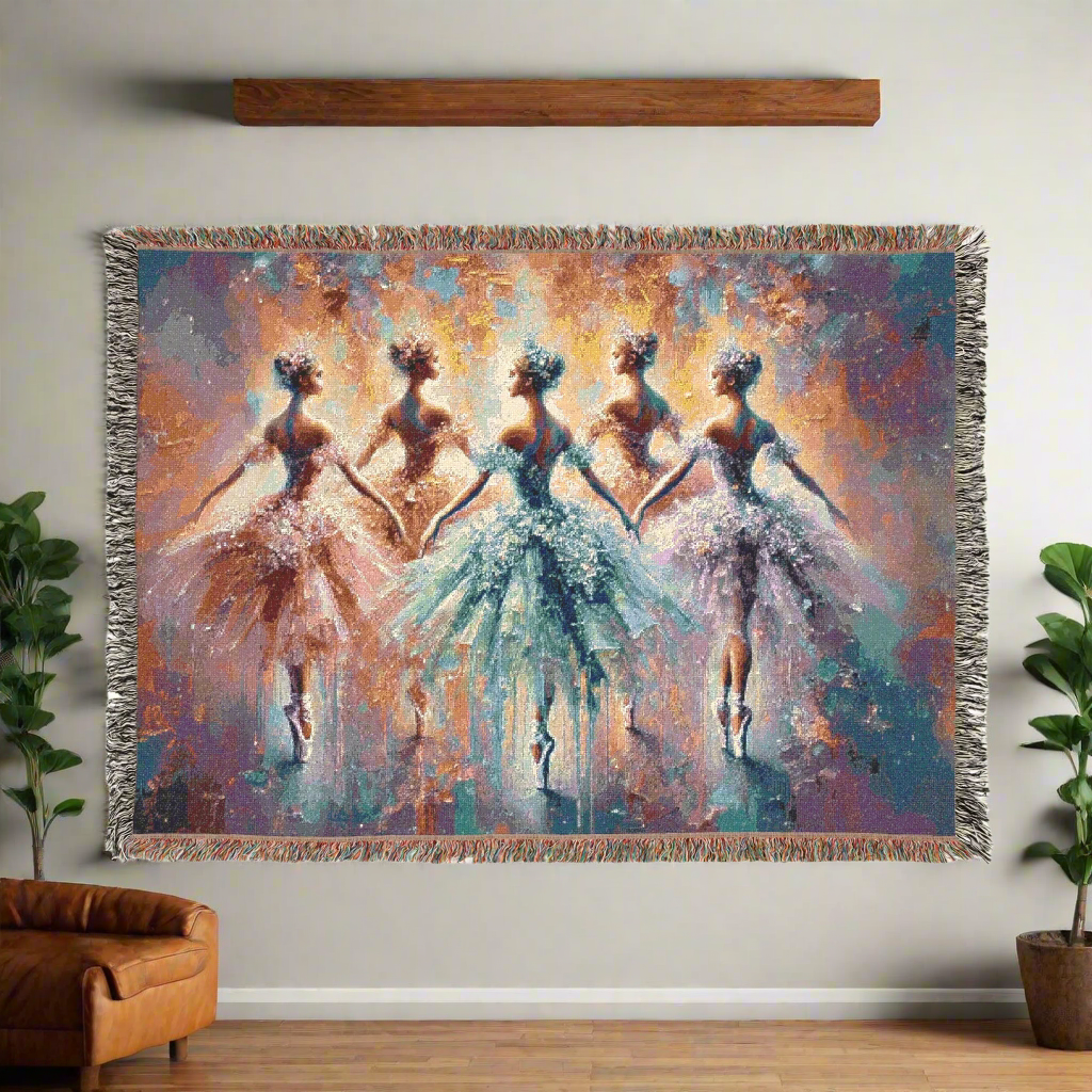 Ballerina Dance Woven Throw Blanket | Elegant Ballet Dancer Art | Cotton Blanket with Fringe | Graceful Ballet Design