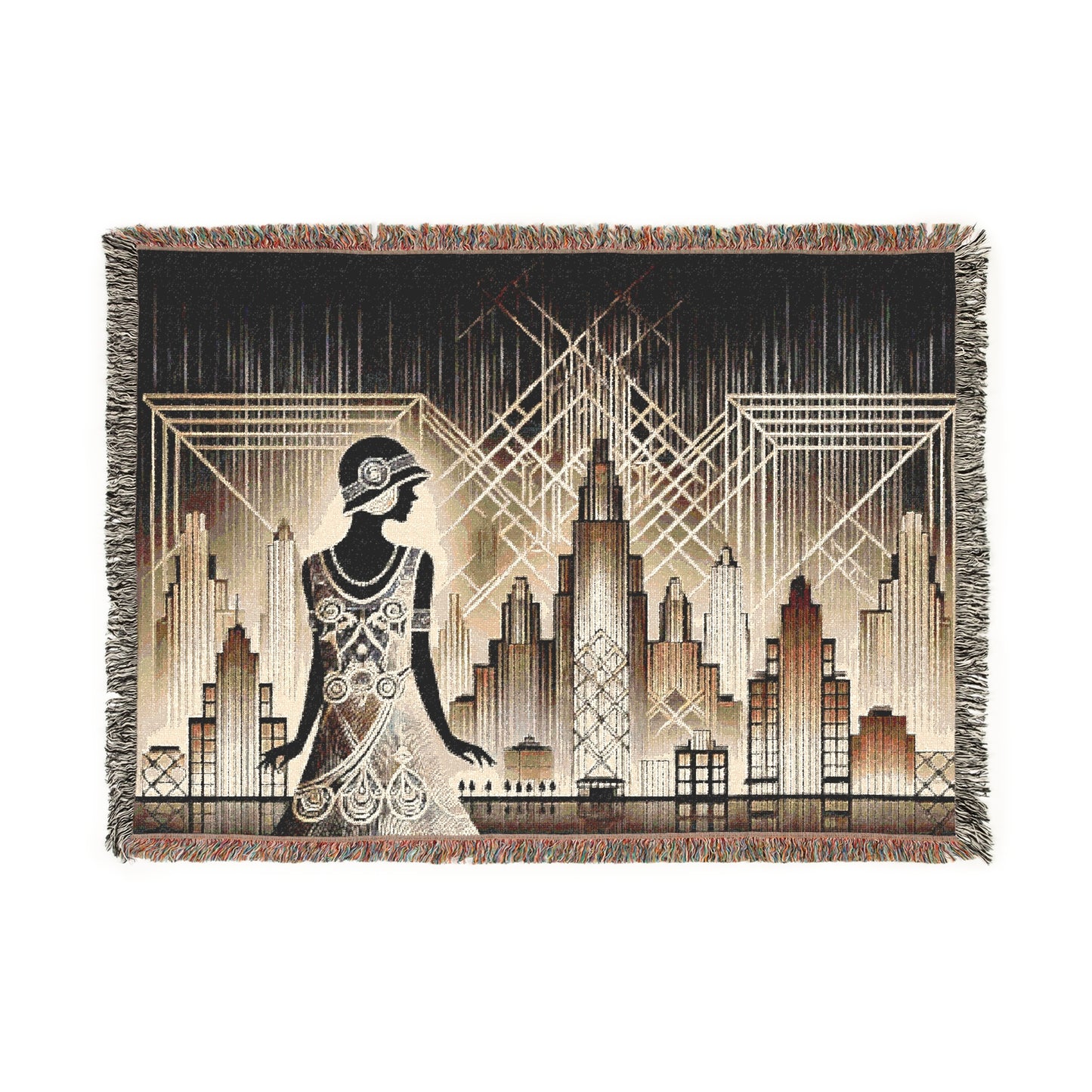 Woven blanket featuring a flapper silhouette against an Art Deco cityscape with geometric designs.