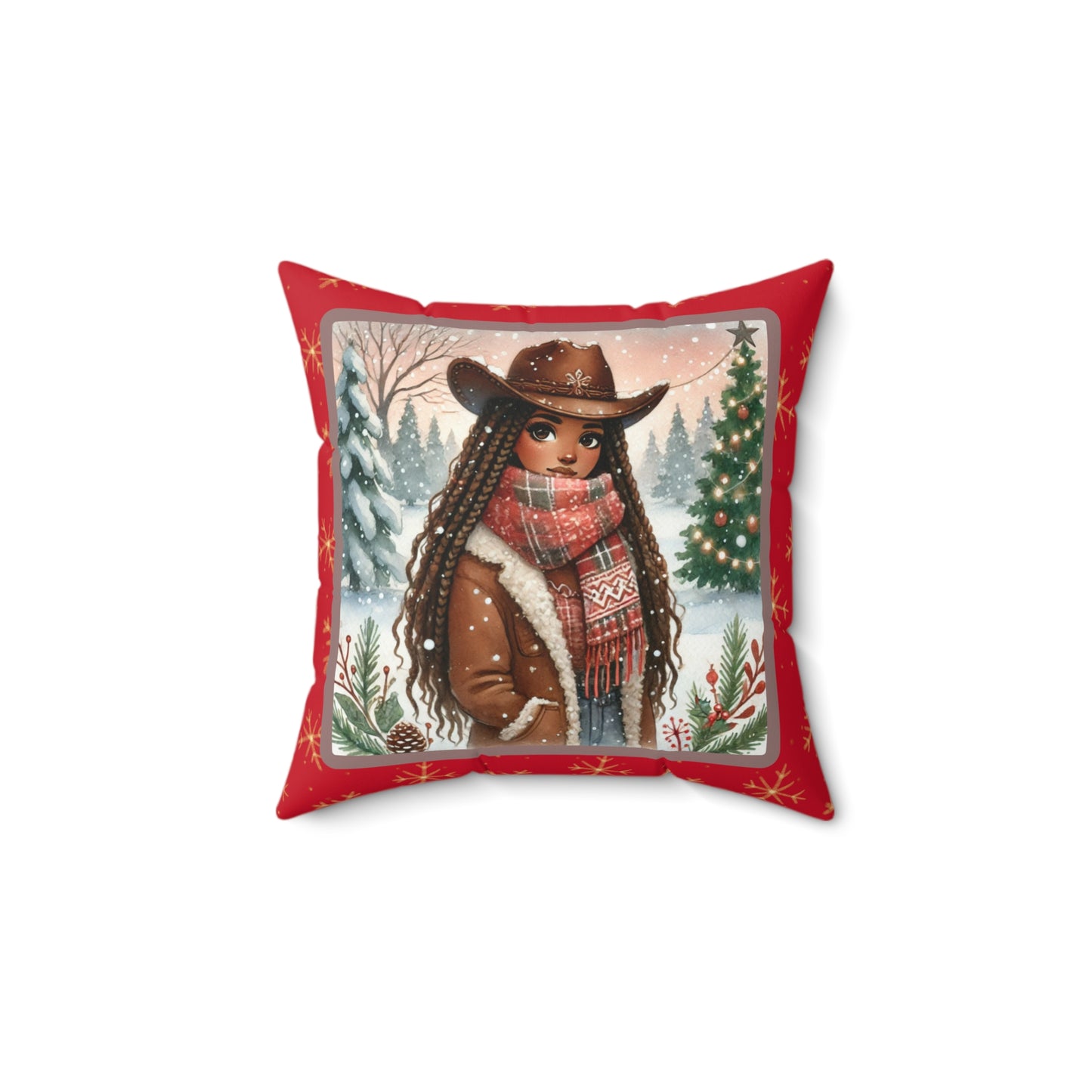 Rustic Cowgirl Christmas Pillow, Red and Gold Snowflake Throw Pillow, Festive Holiday Decorative Cushion with Zipper