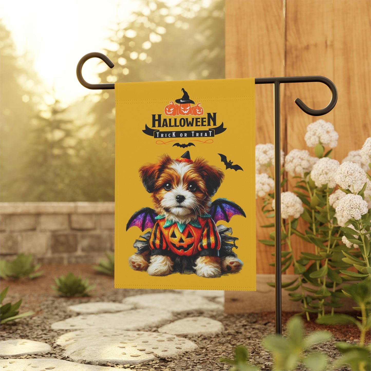 Halloween Garden Flag | Trick or Treat Puppy with Pumpkin Costume and Bats | 100% Poly Poplin-Canvas