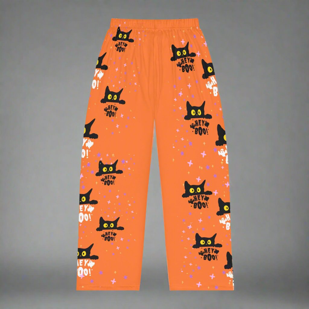 Hey Boo black cat women's Halloween pajama pants with orange background, comfortable sleepwear