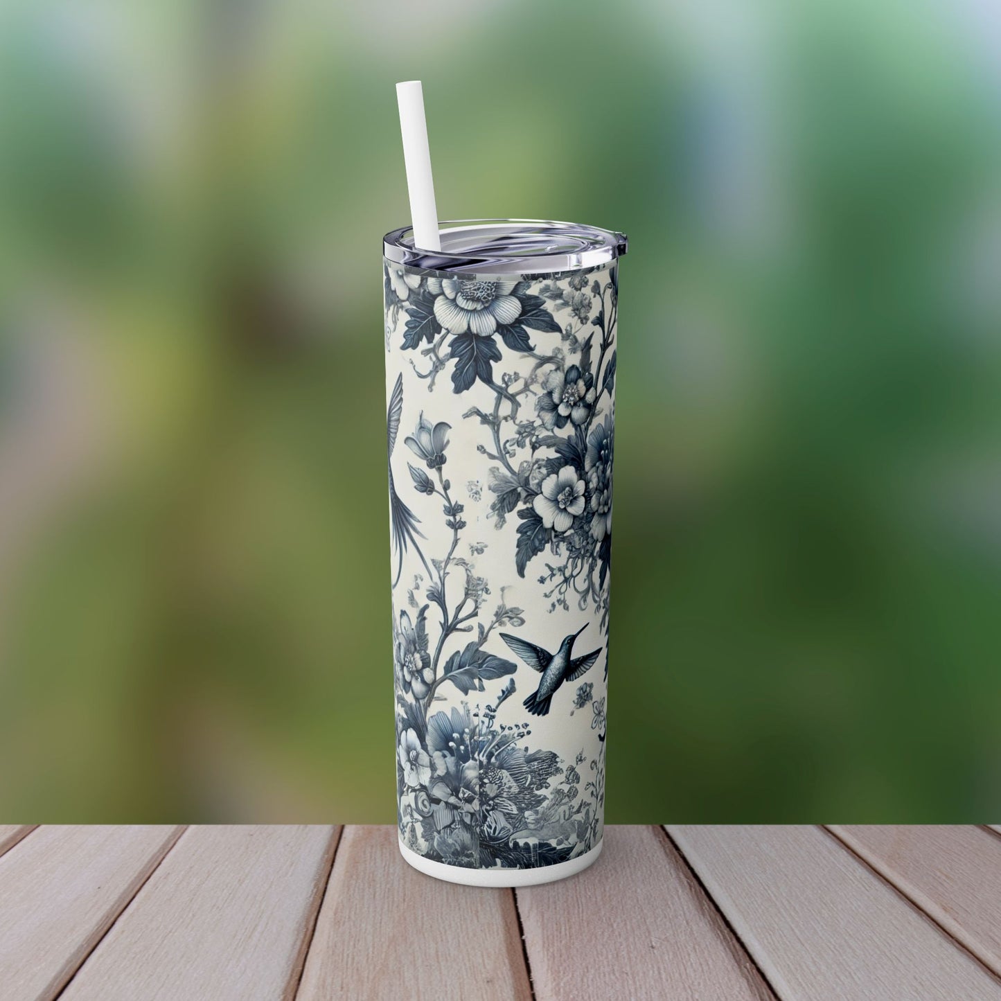 Blue & White Chinoiserie Hummingbird Tumbler | 20oz Maars Skinny Insulated Travel Mug with Lid & Straw | Elegant Floral Bird Design | Gift for Tea & Coffee Lovers