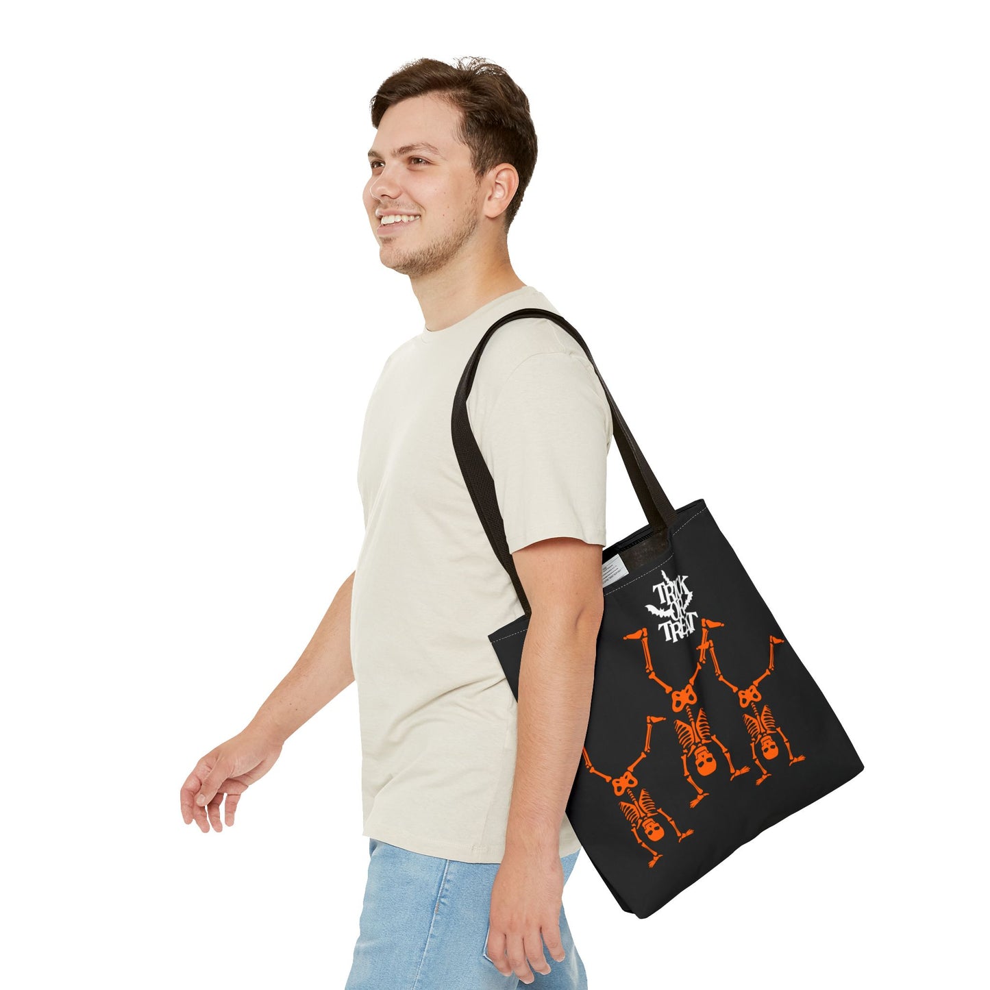 Additional view of Halloween Trick or Treat Skeleton Tote Bag featuring playful skeleton design.